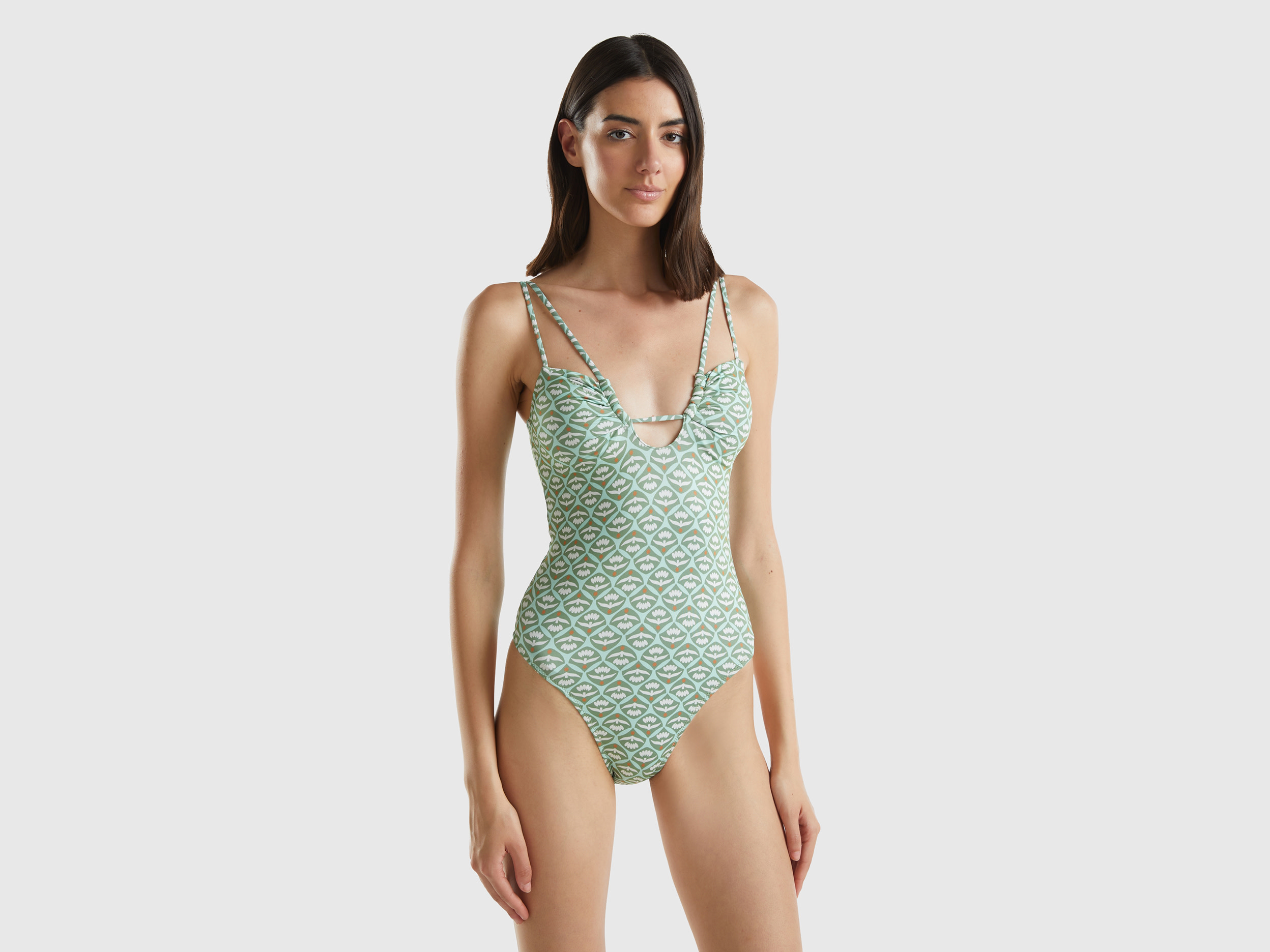 Benetton, Costume Intero Con Stampa Fiori, Verde Militare, Donna