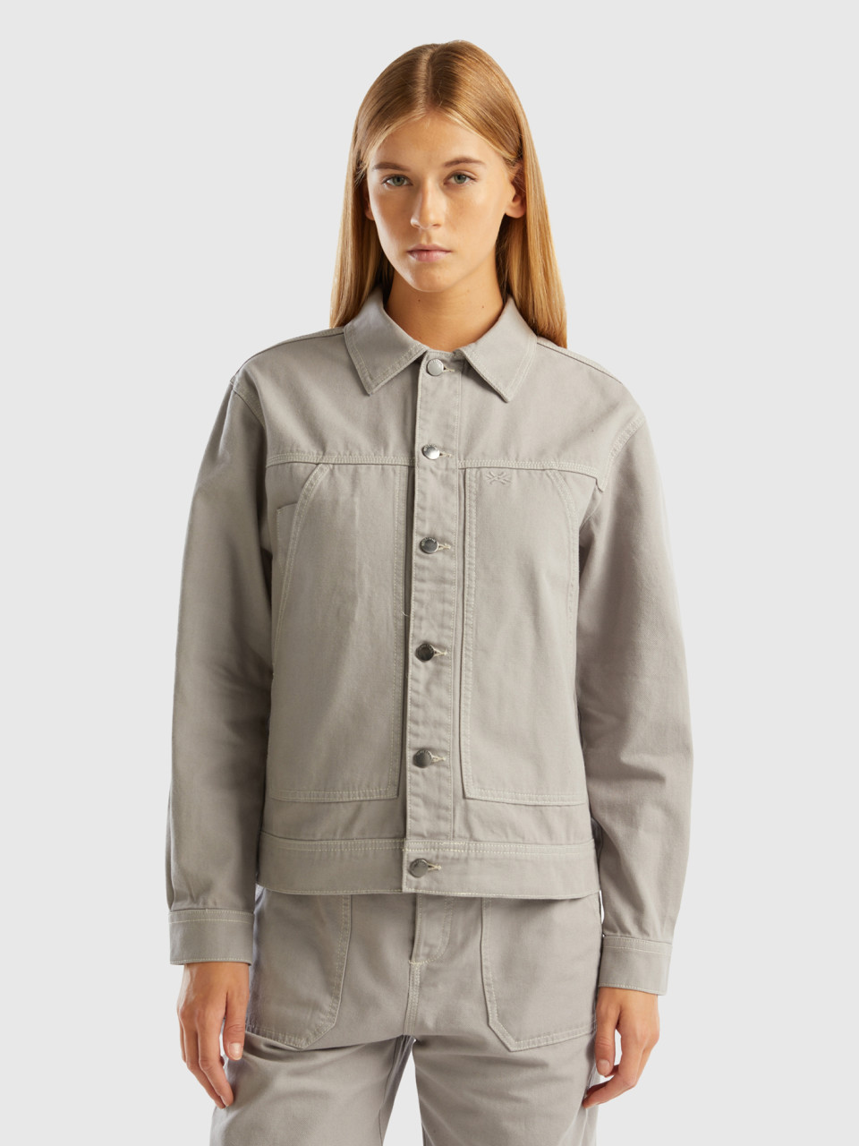 Benetton, Cotton Canvas Jacket, Light Gray, Women