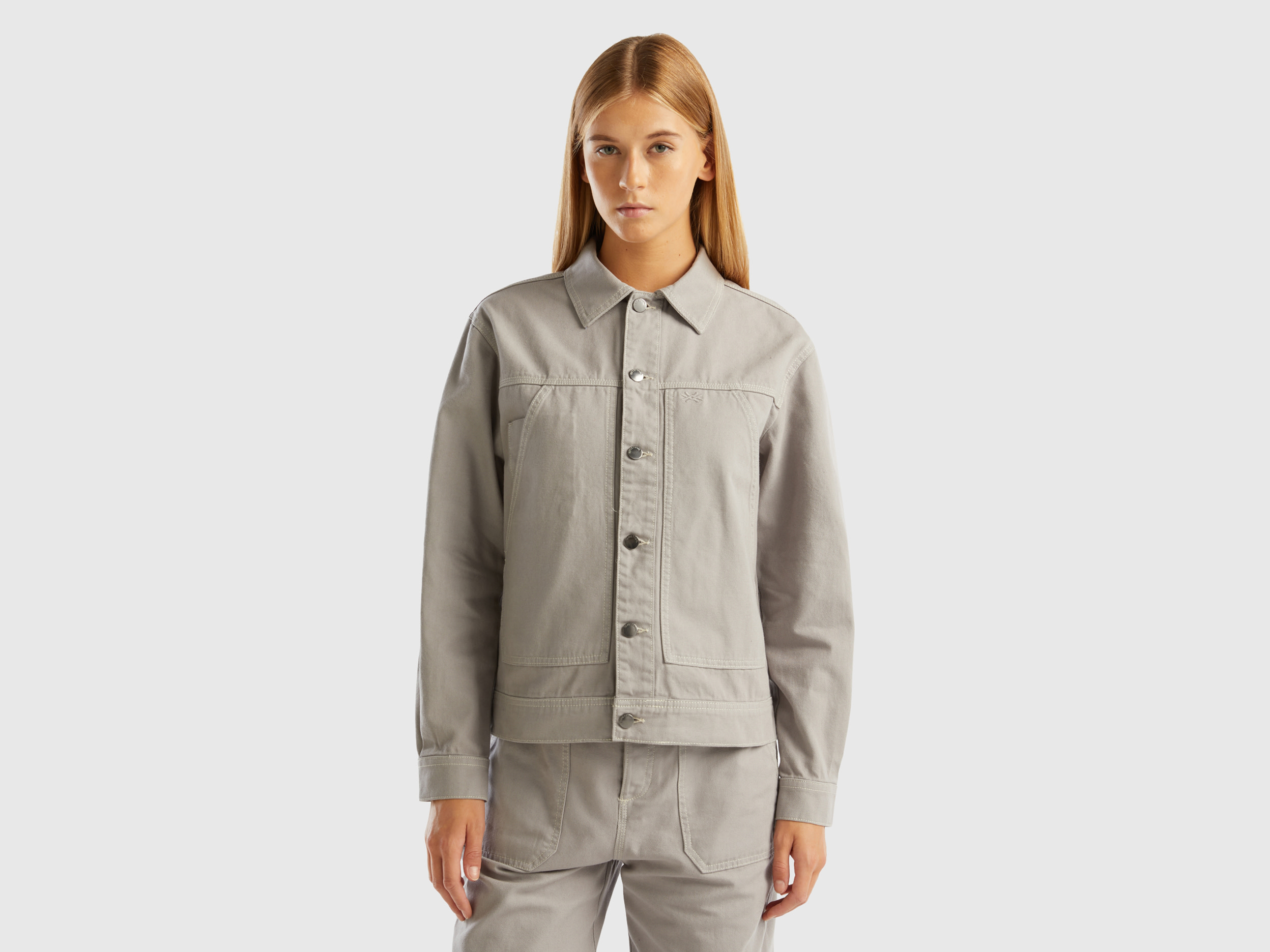 Benetton, Cotton Canvas Jacket, size L, Light Gray, Women