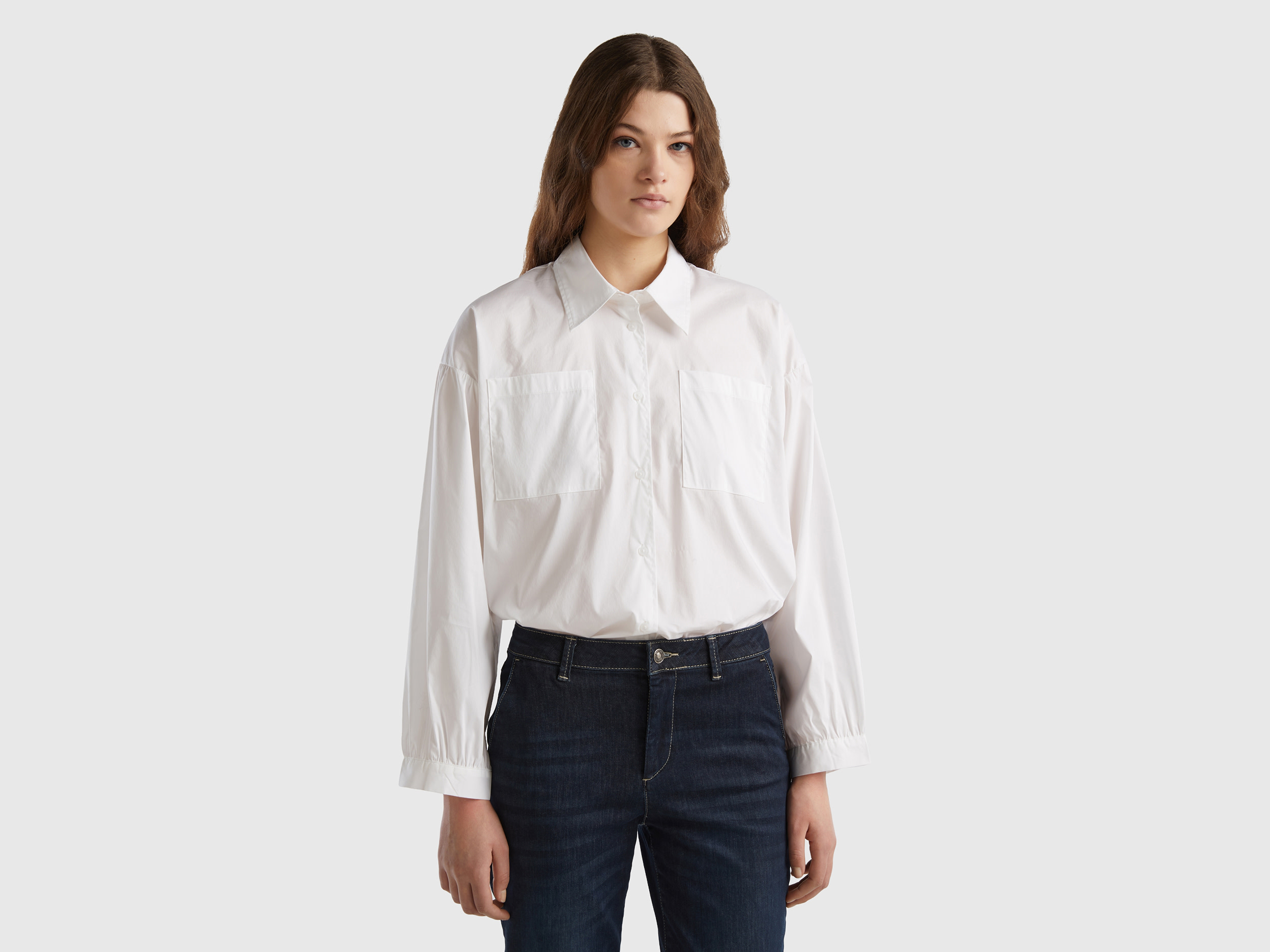 Benetton, Camicia Boxy Fit Manica A Palloncino, Bianco, Donna