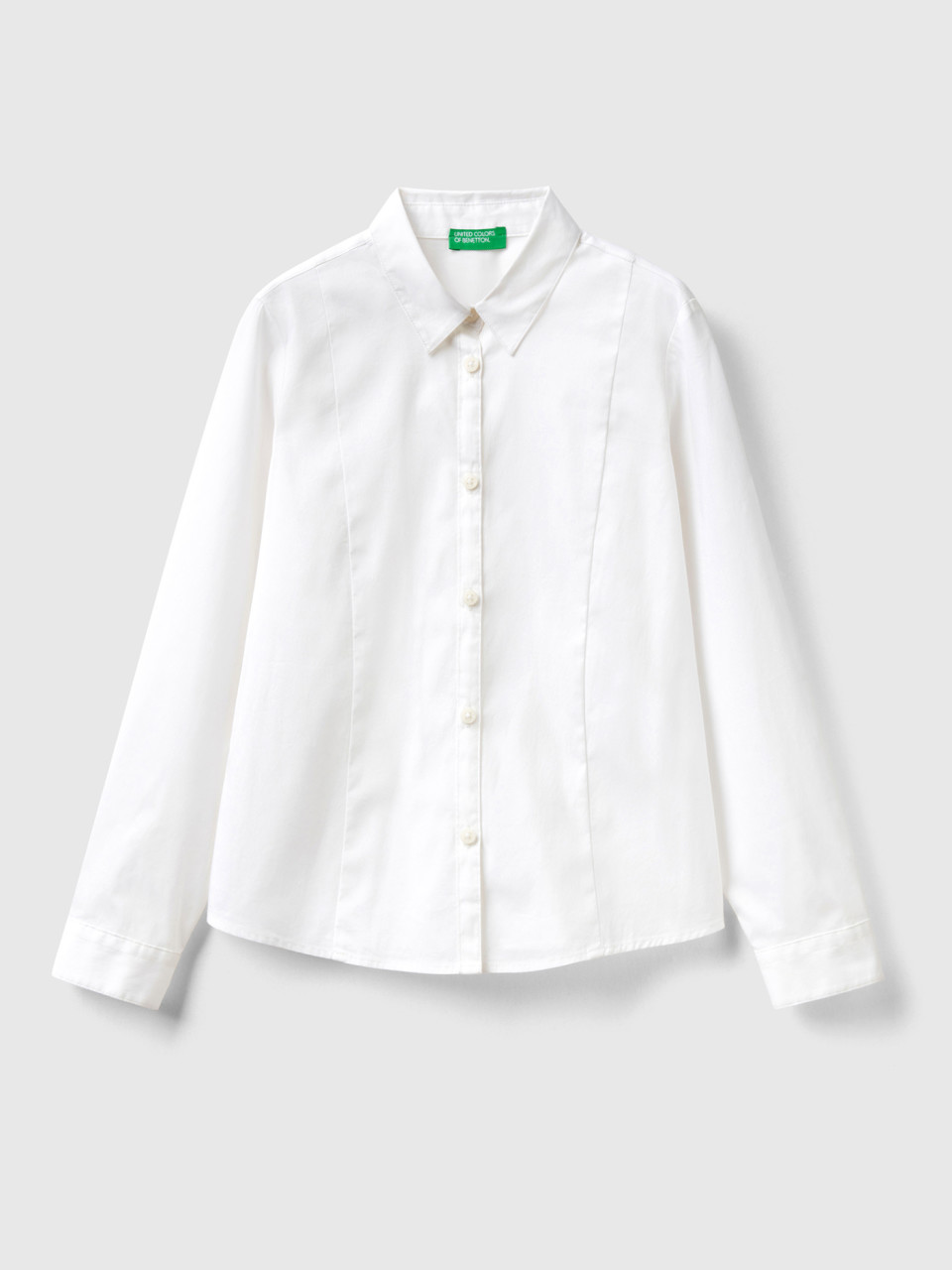 Benetton, White Shirt In Stretch Cotton Blend, White, Kids
