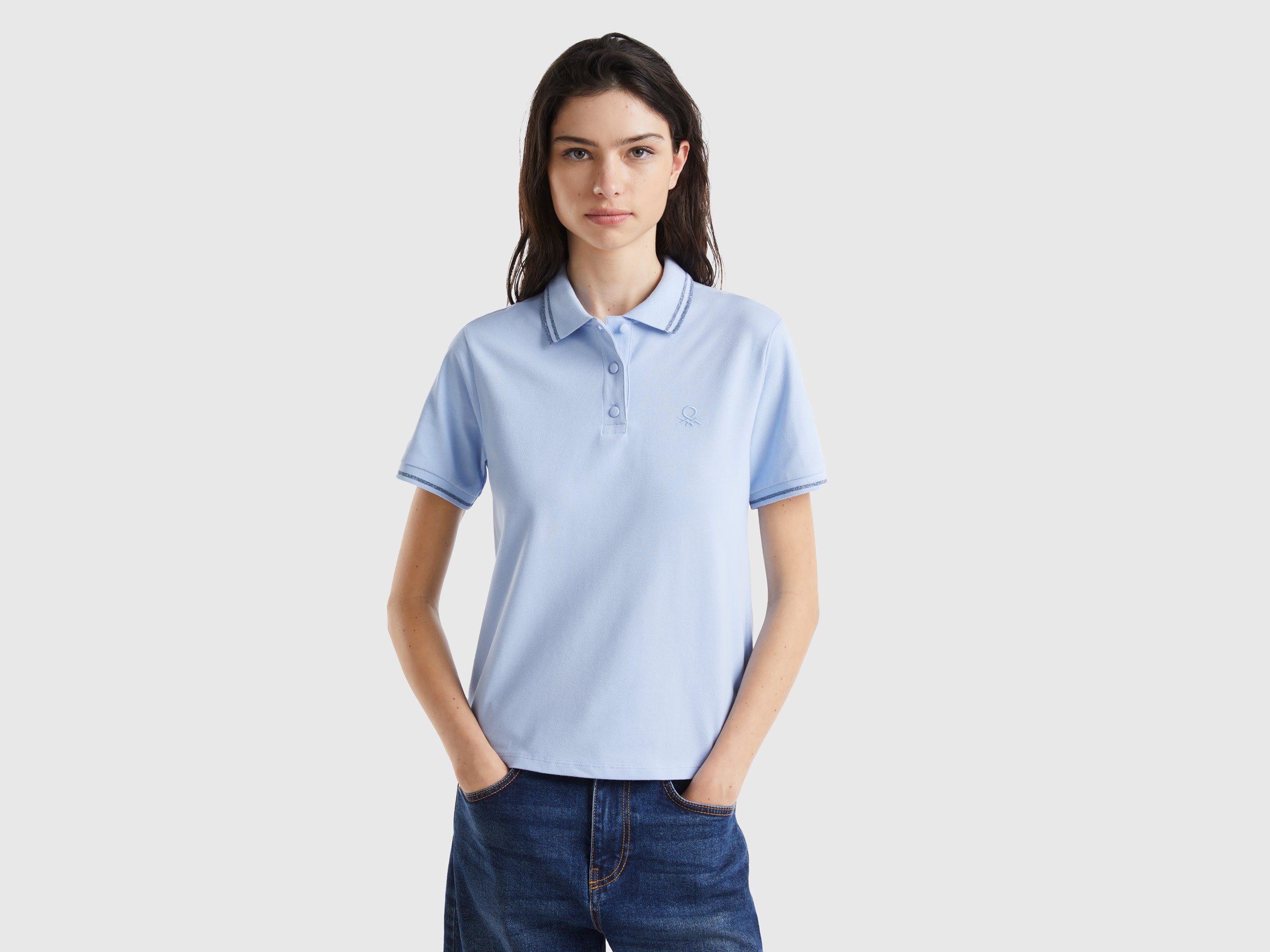 Image of Benetton, Sky Blue Polo In Stretch Organic Cotton, size L, Sky Blue, Women