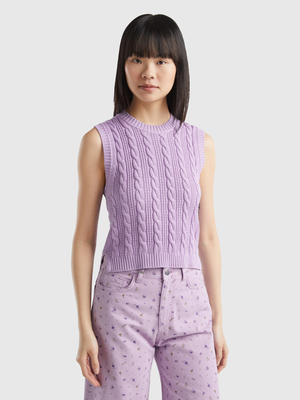 Benetton, Cropped Cable Knit Vest, Lilac, Women