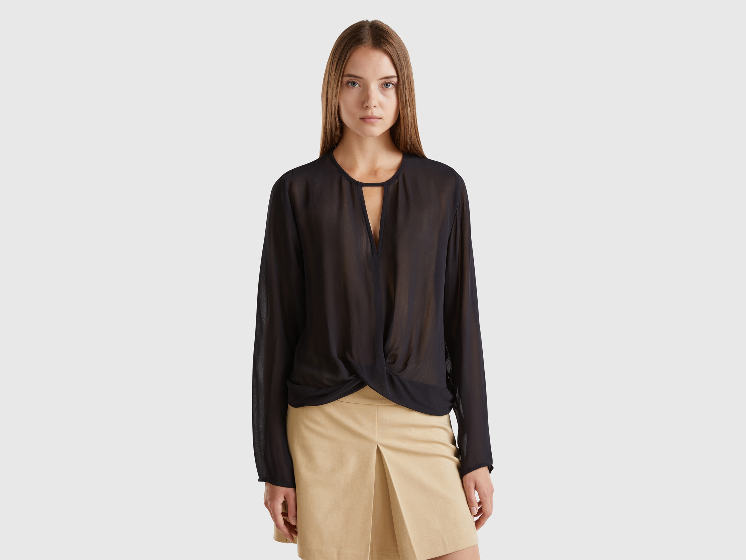 Benetton, Blusa In Pura Viscosa, Nero, Donna