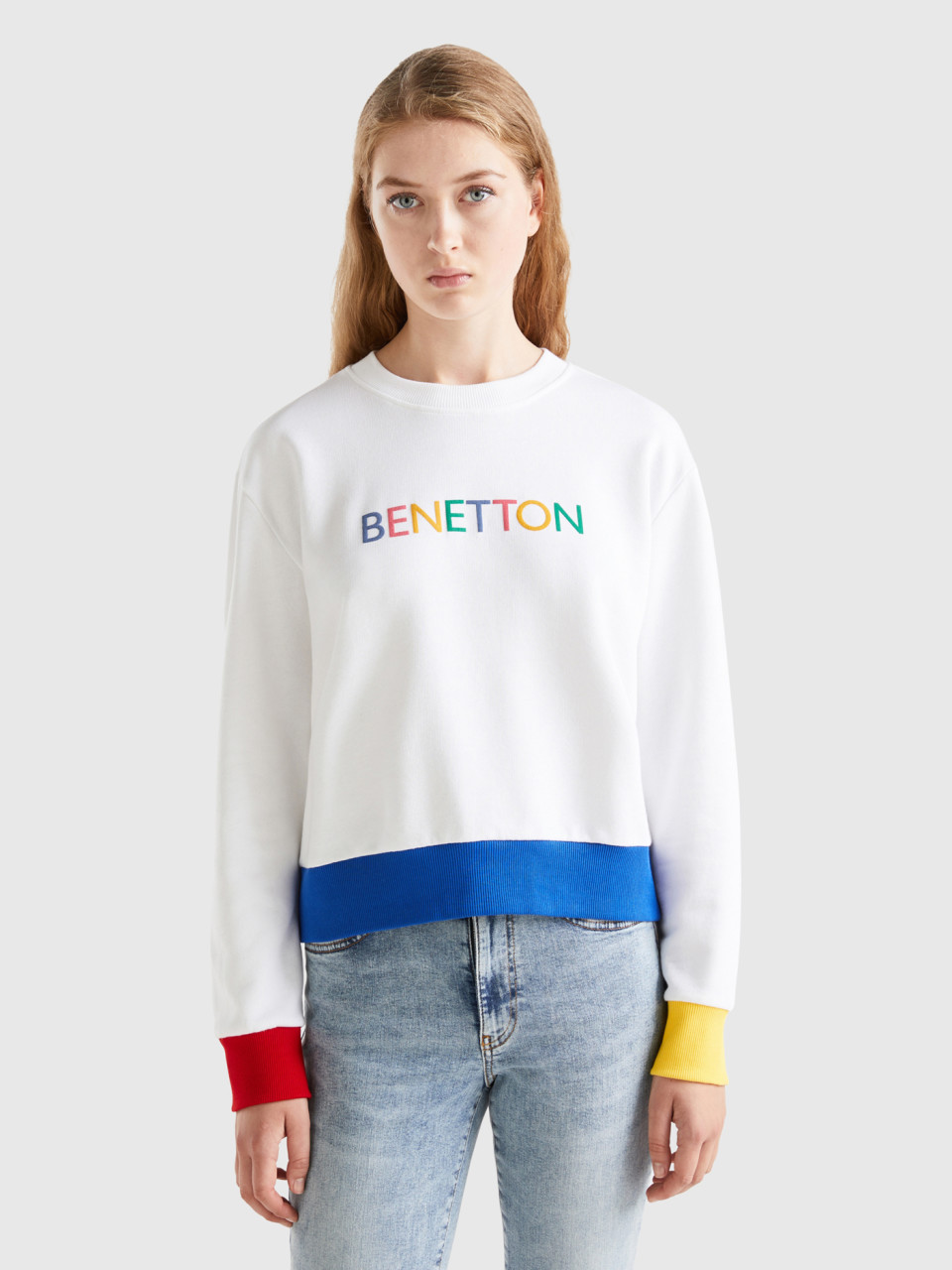 Benetton, Pullover Sweatshirt With Logo Print, White, Women