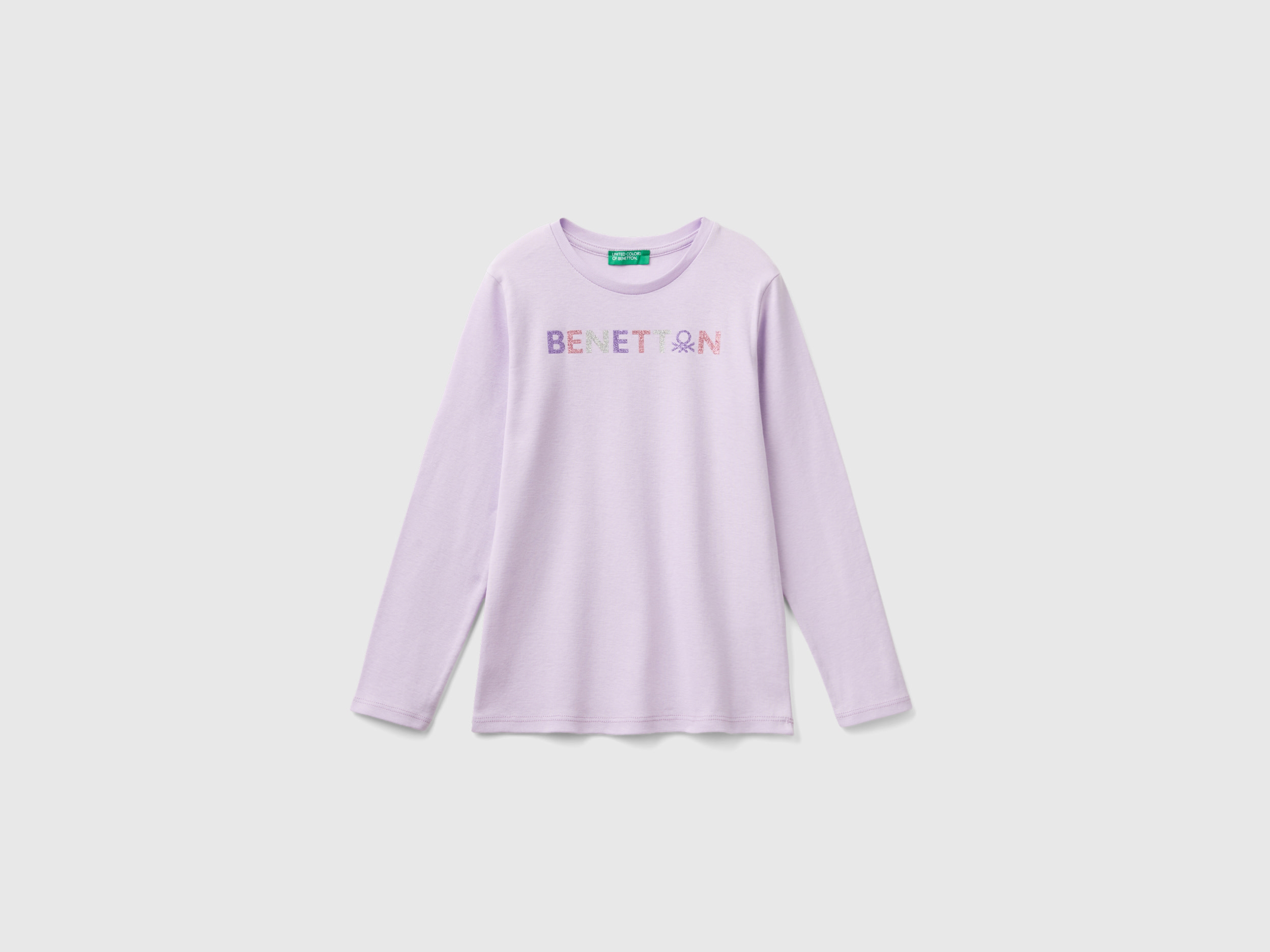 Benetton, T-shirt Manica Lunga Con Stampa Glitter, Lilla, Bambini