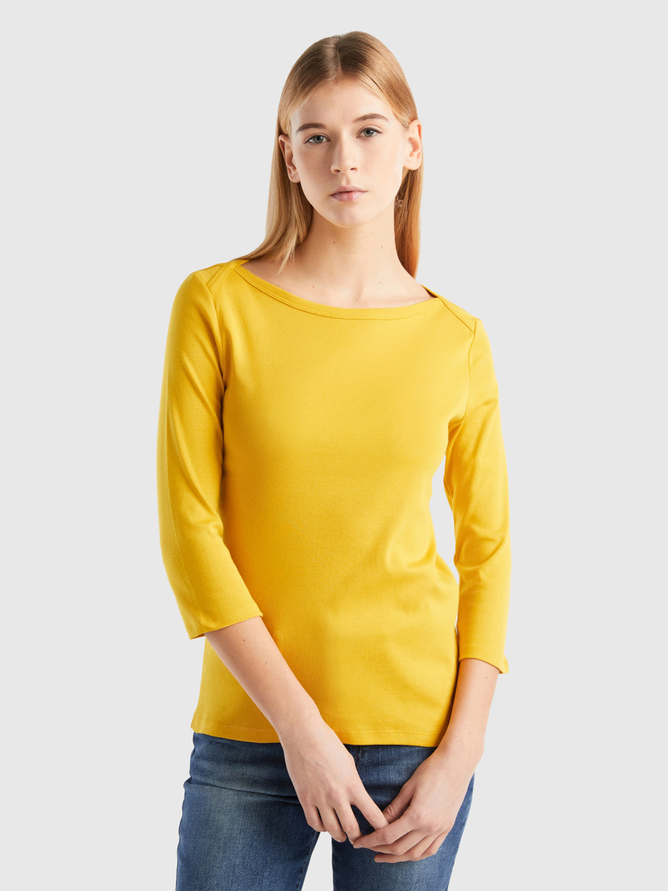 Benetton, Camiseta De 100 % Algodón Con Escote Barco, Amarillo, Mujer