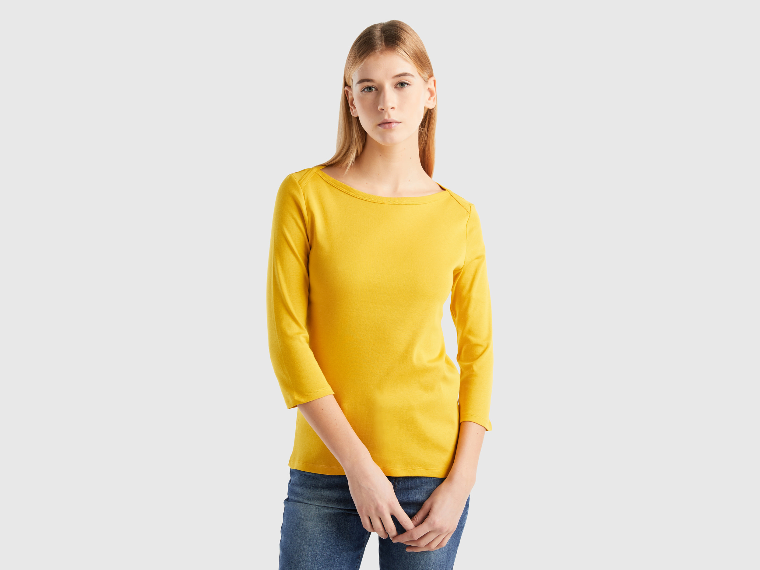 Benetton, T-shirt With Boat Neck In 100% Cotton, size XS, Yellow, Women