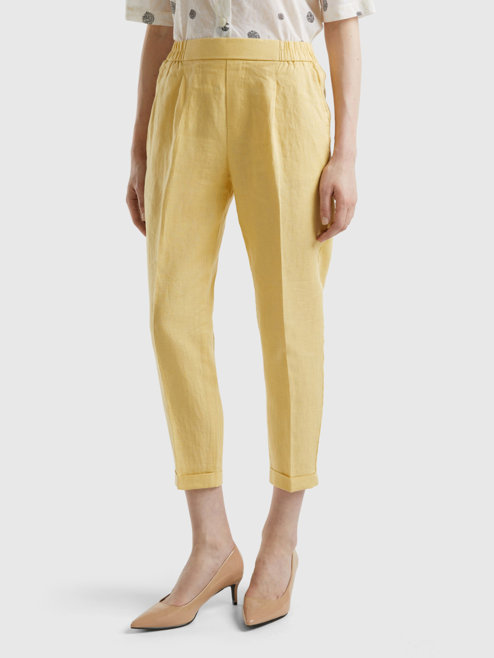 Benetton, Cropped Trousers In 100% Linen, Yellow, Women