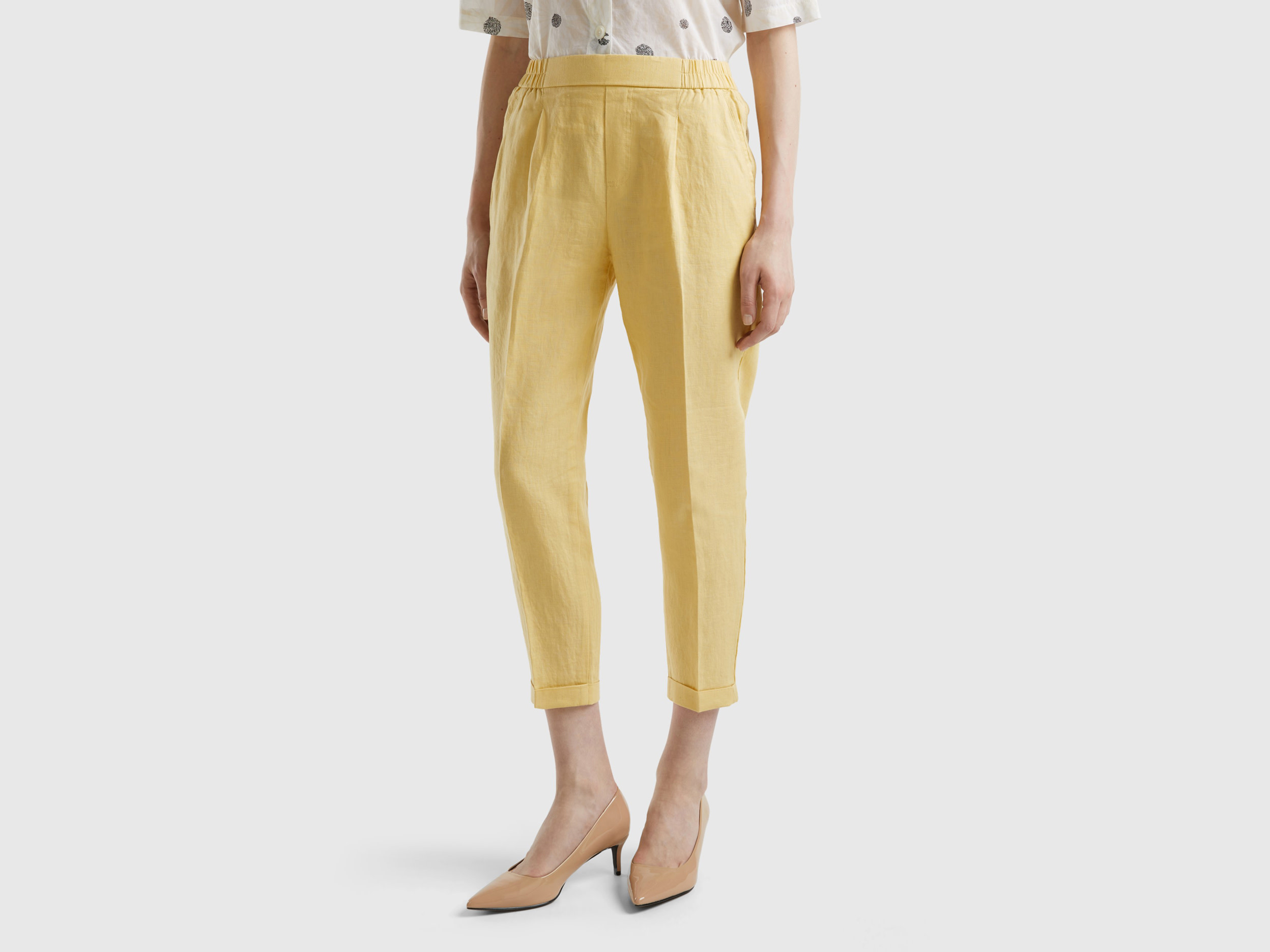 Benetton, Pantaloni Cropped In 100% Lino, Giallo, Donna