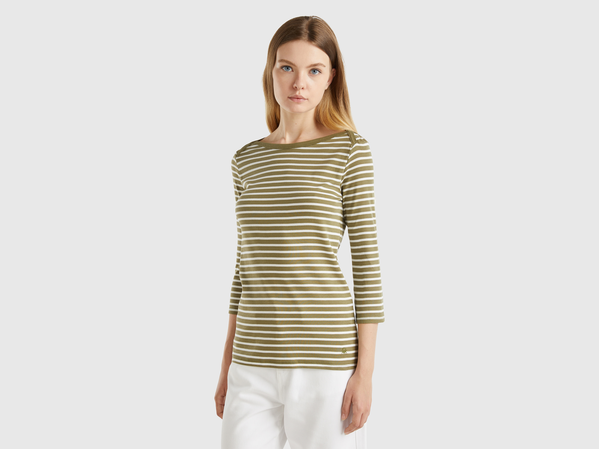 Benetton, T-shirt Manica 3/4 A Righe In Puro Cotone, Verde Militare, Donna