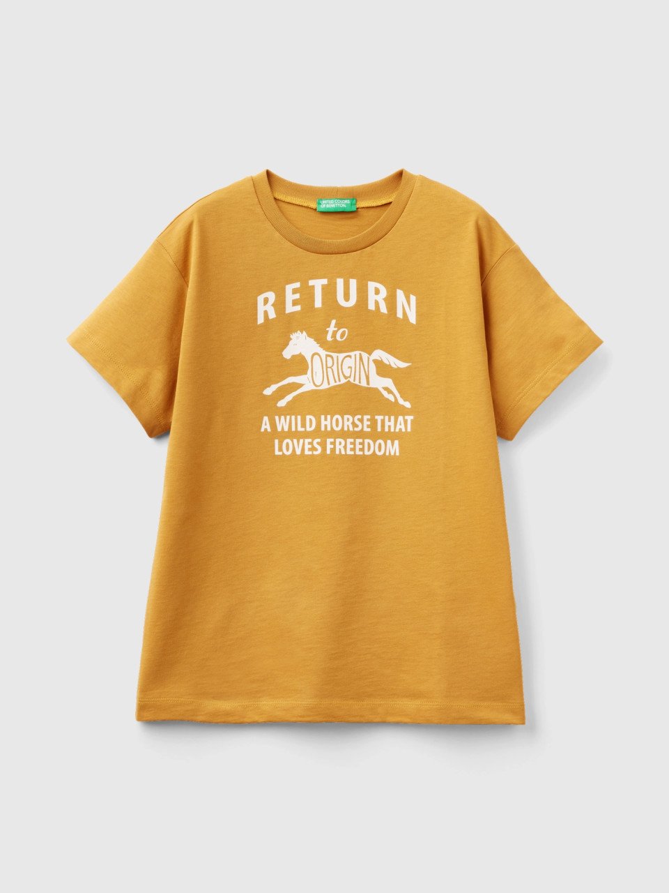 Benetton, T-shirt With Print In Organic Cotton, Mustard, Kids