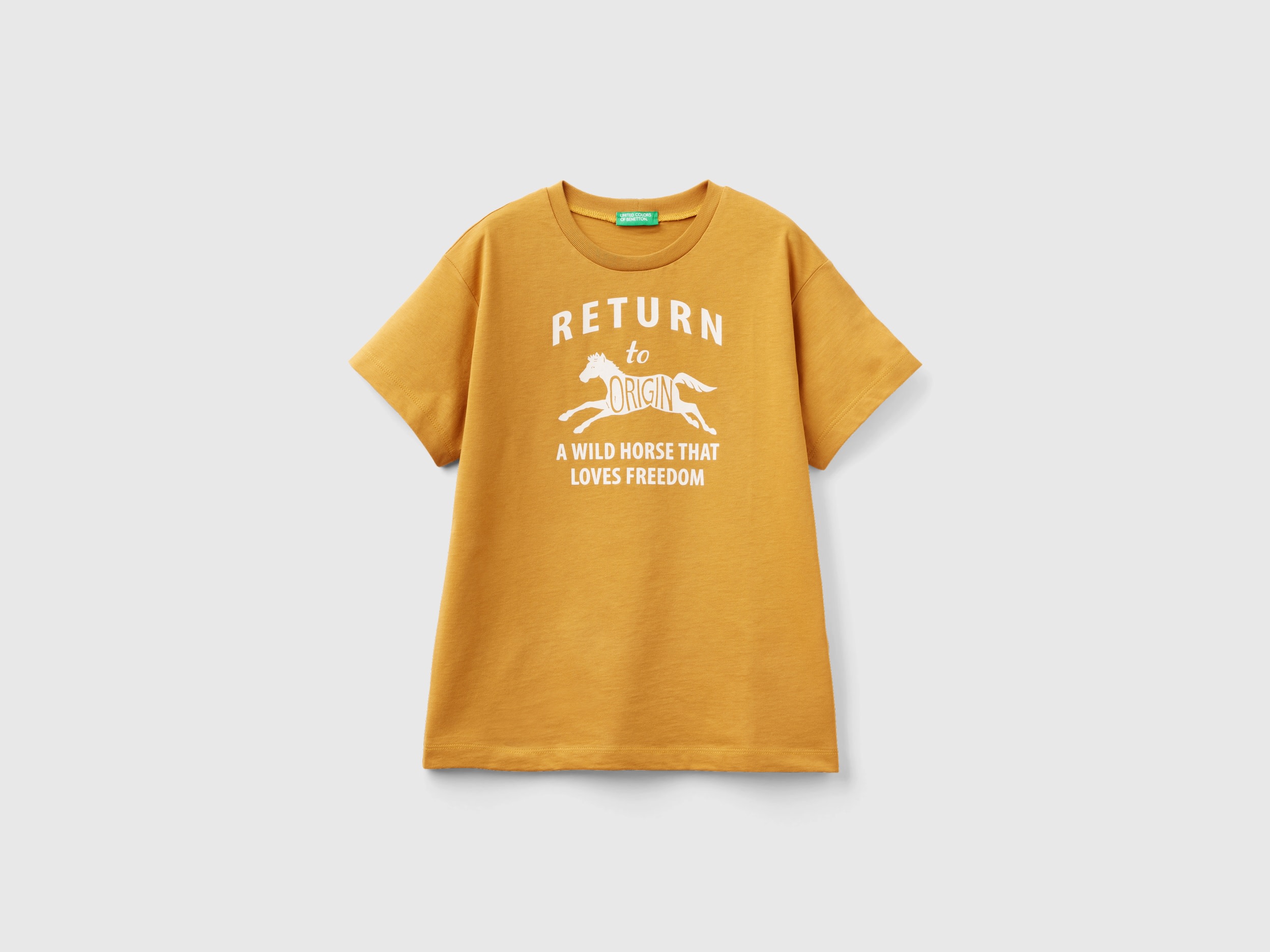 Benetton, T-shirt With Print In Organic Cotton, size S, Mustard, Kids