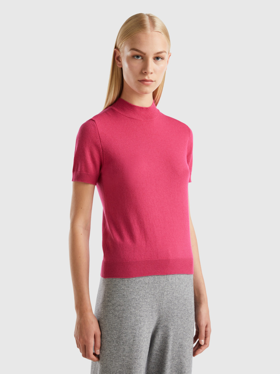 Benetton, Magenta Red Short Sleeve Sweater In Cashmere Blend, Cyclamen, Women