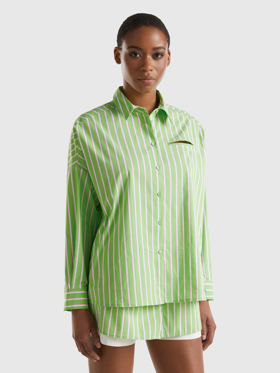 Benetton, Camisa Amplia De Rayas, Verde Claro, Mujer