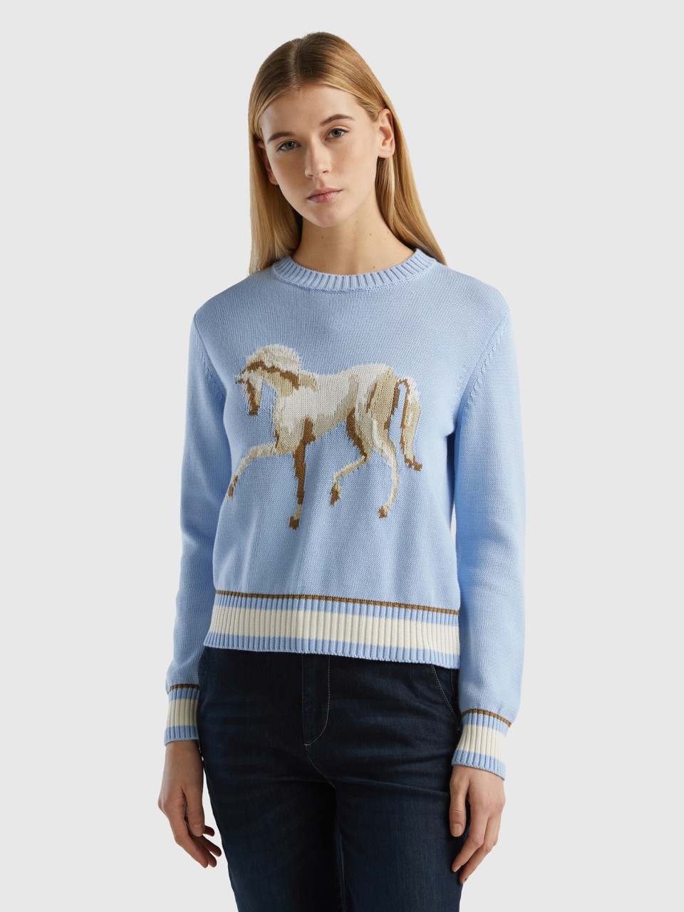 Benetton, Sweater With Horse Inlay, Sky Blue, Women