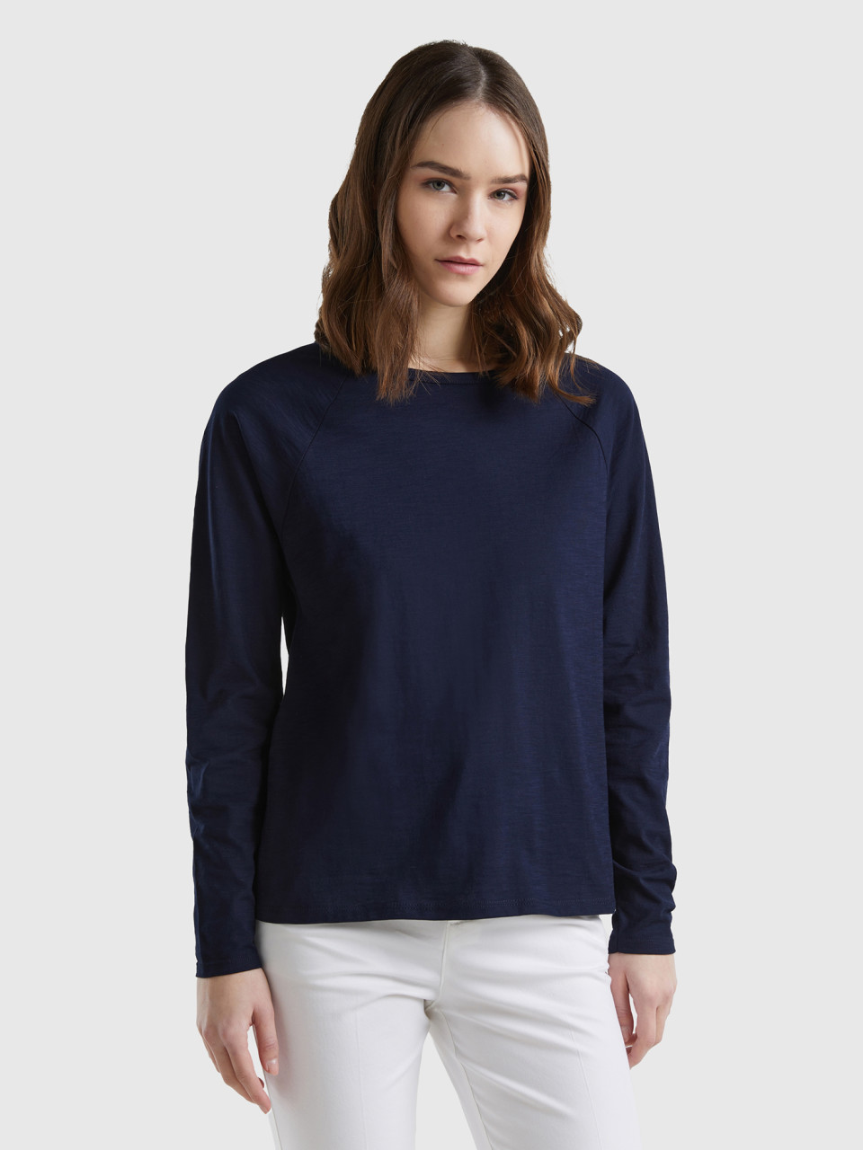 Benetton, Long Sleeve T-shirt In Light Cotton, Dark Blue, Women