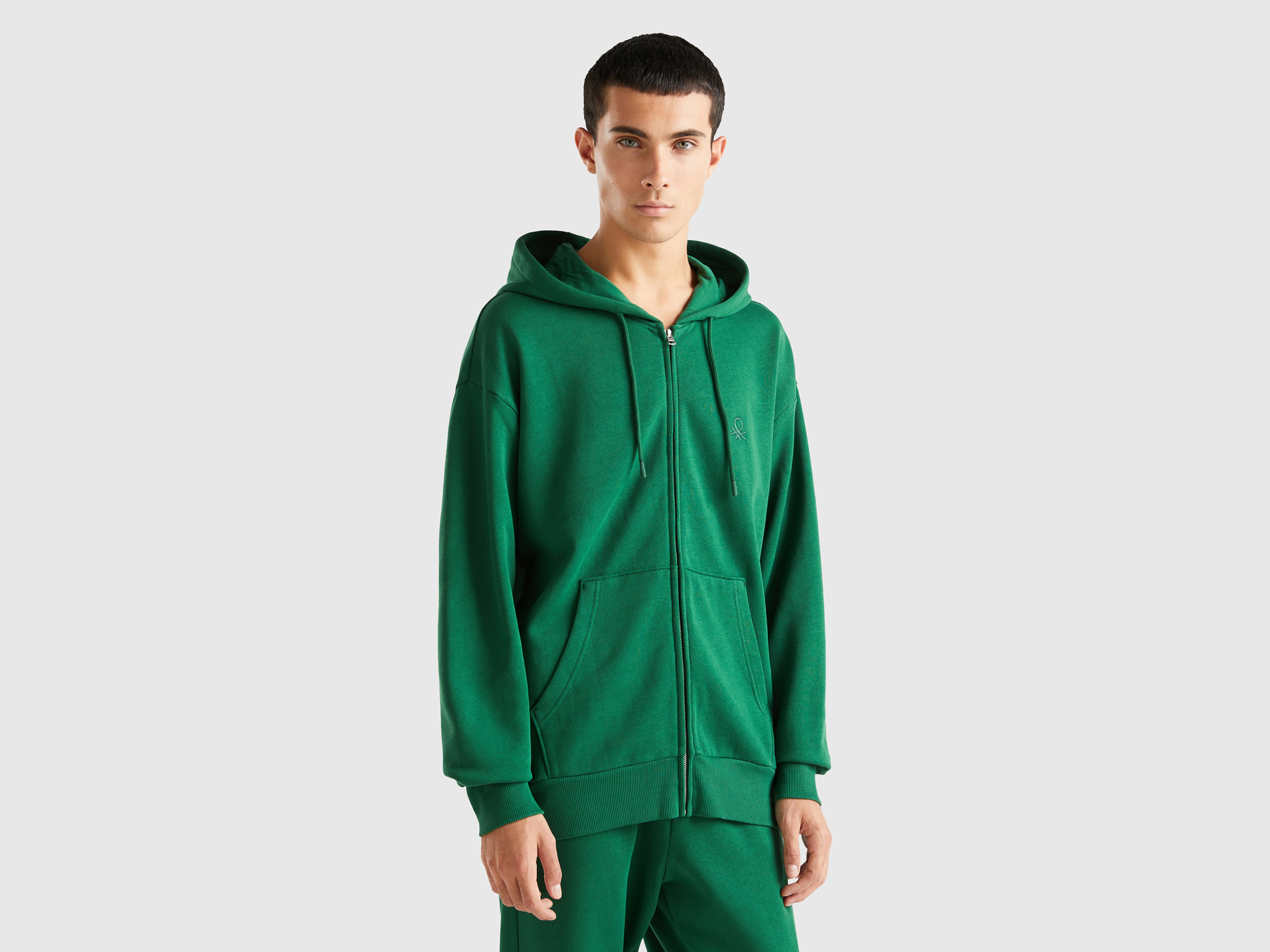 Benetton, Warm Hoodie With Zip, size S, Green, Men
