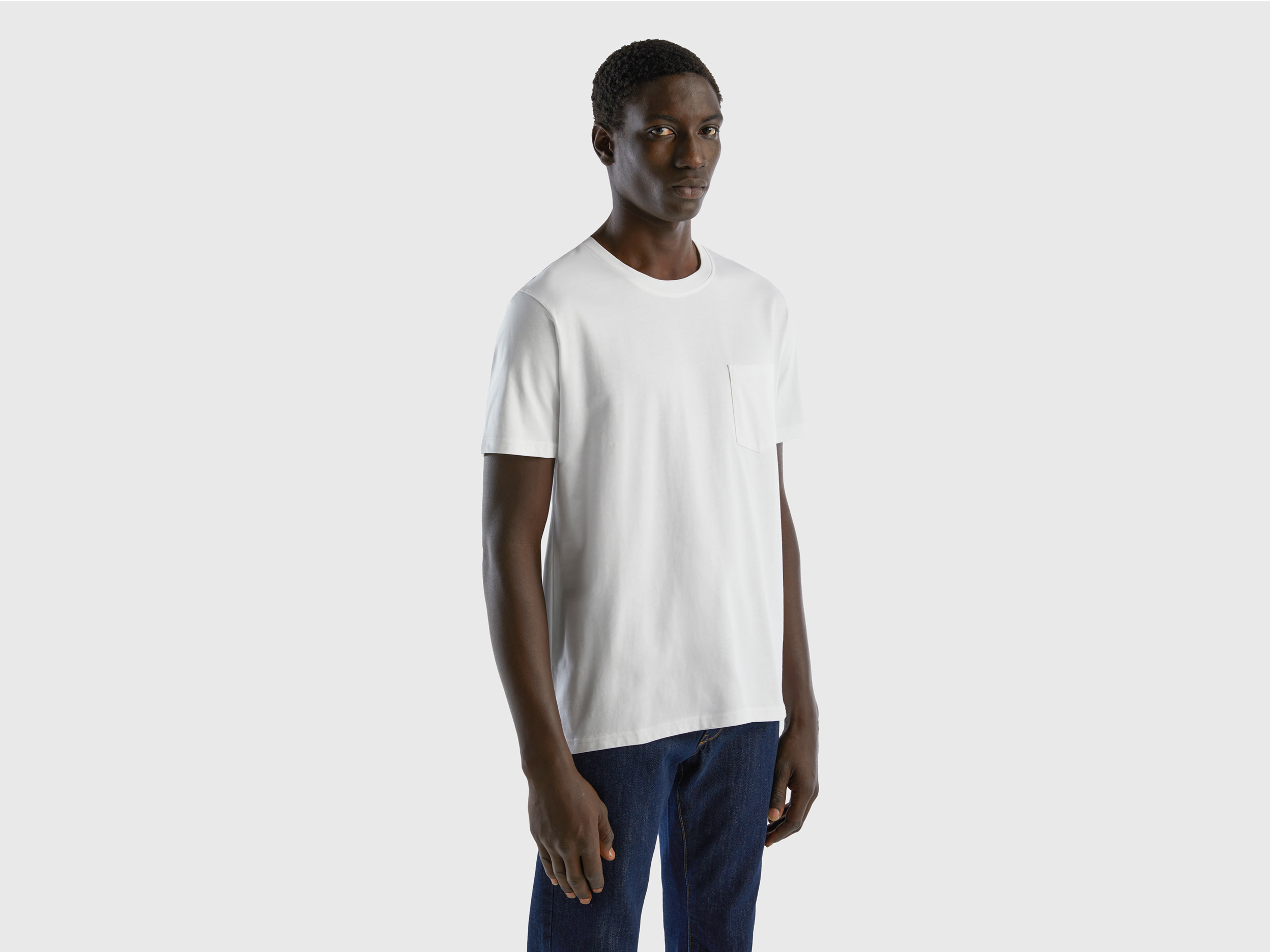 Benetton, T shirt 100% Cotone Con Taschino, Bianco, Uomo