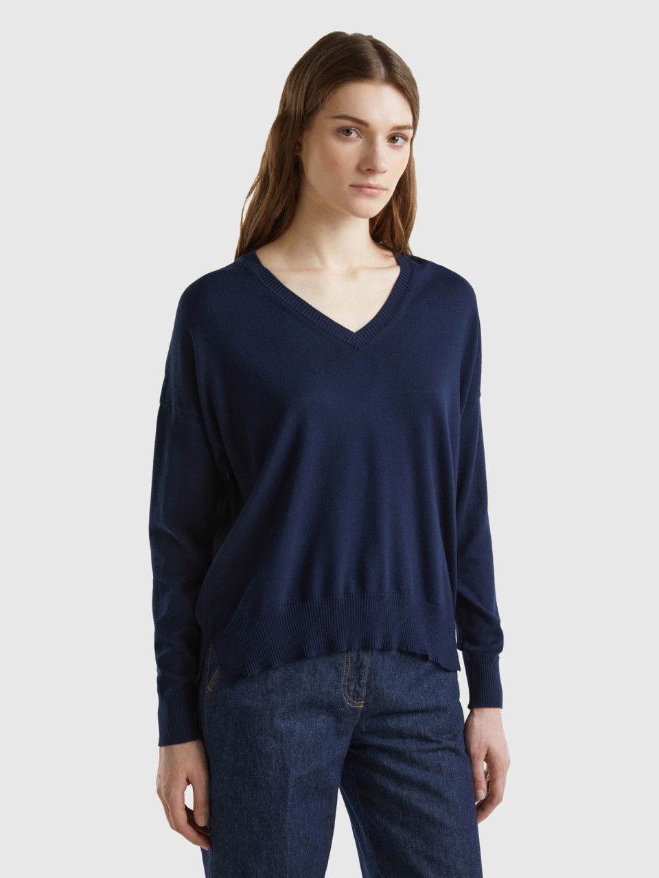 Benetton, V-neck Sweater In Modal® Blend, Dark Blue, Women