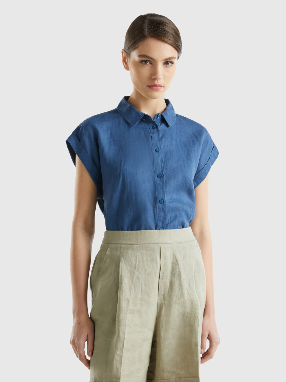Benetton, Boxy Fit Shirt In Pure Linen, Air Force Blue, Women