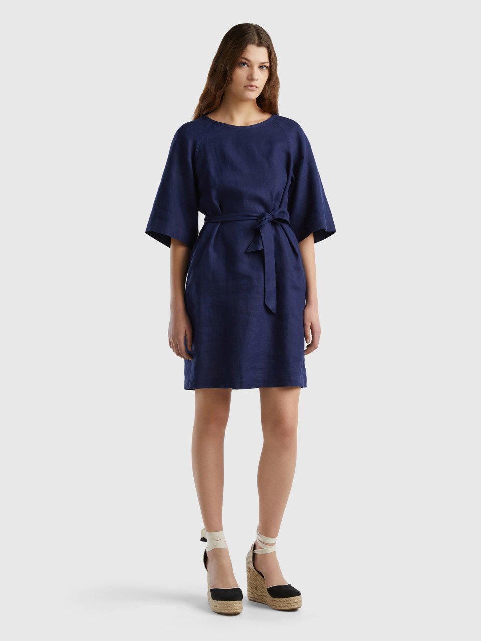 Benetton, Short Dress In Pure Linen, Dark Blue, Women