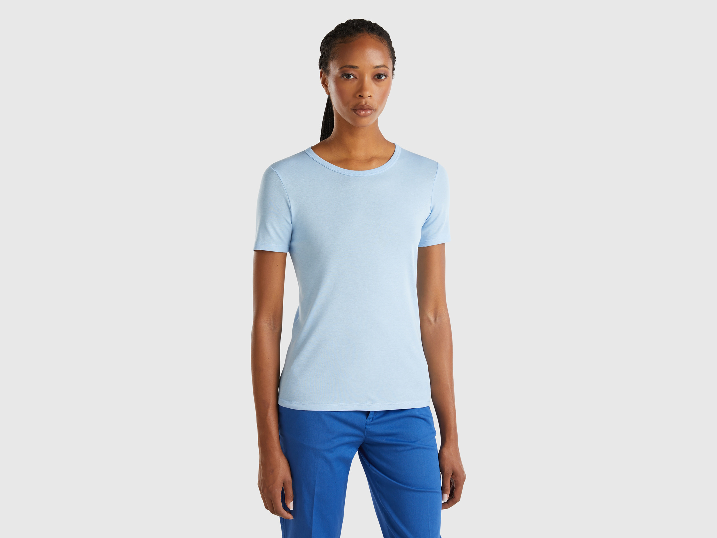 Benetton, T-shirt In Cotone A Fibra Lunga, Azzurro, Donna