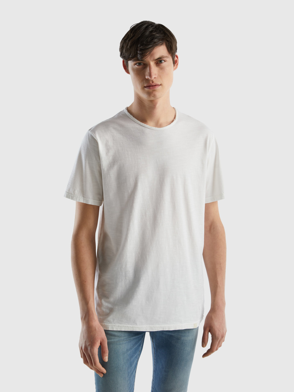 Benetton, T-shirt Blanc En Coton Flammé, Blanc, Homme