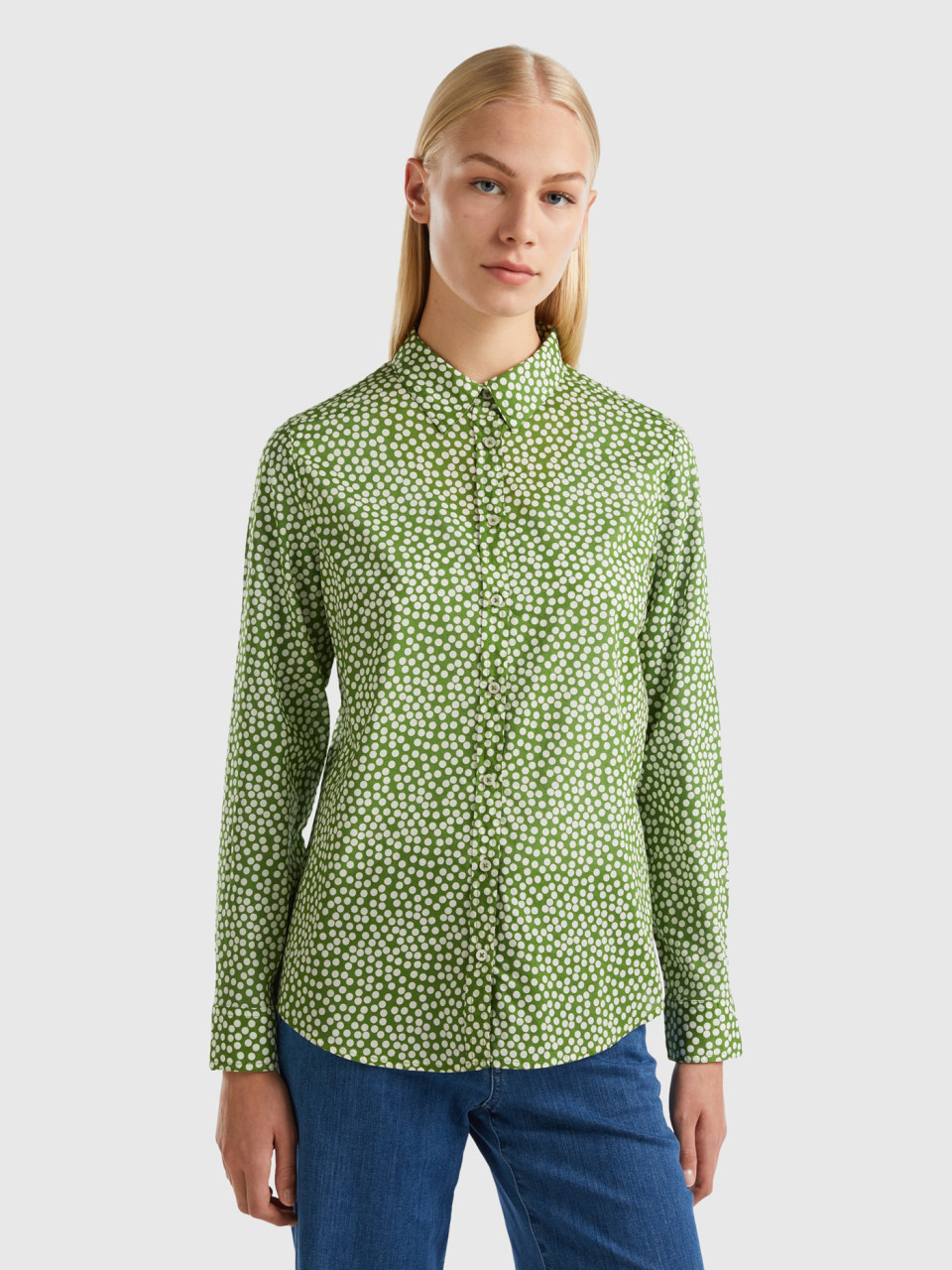 Benetton, Green Shirt With White Polka Dots, Green, Women