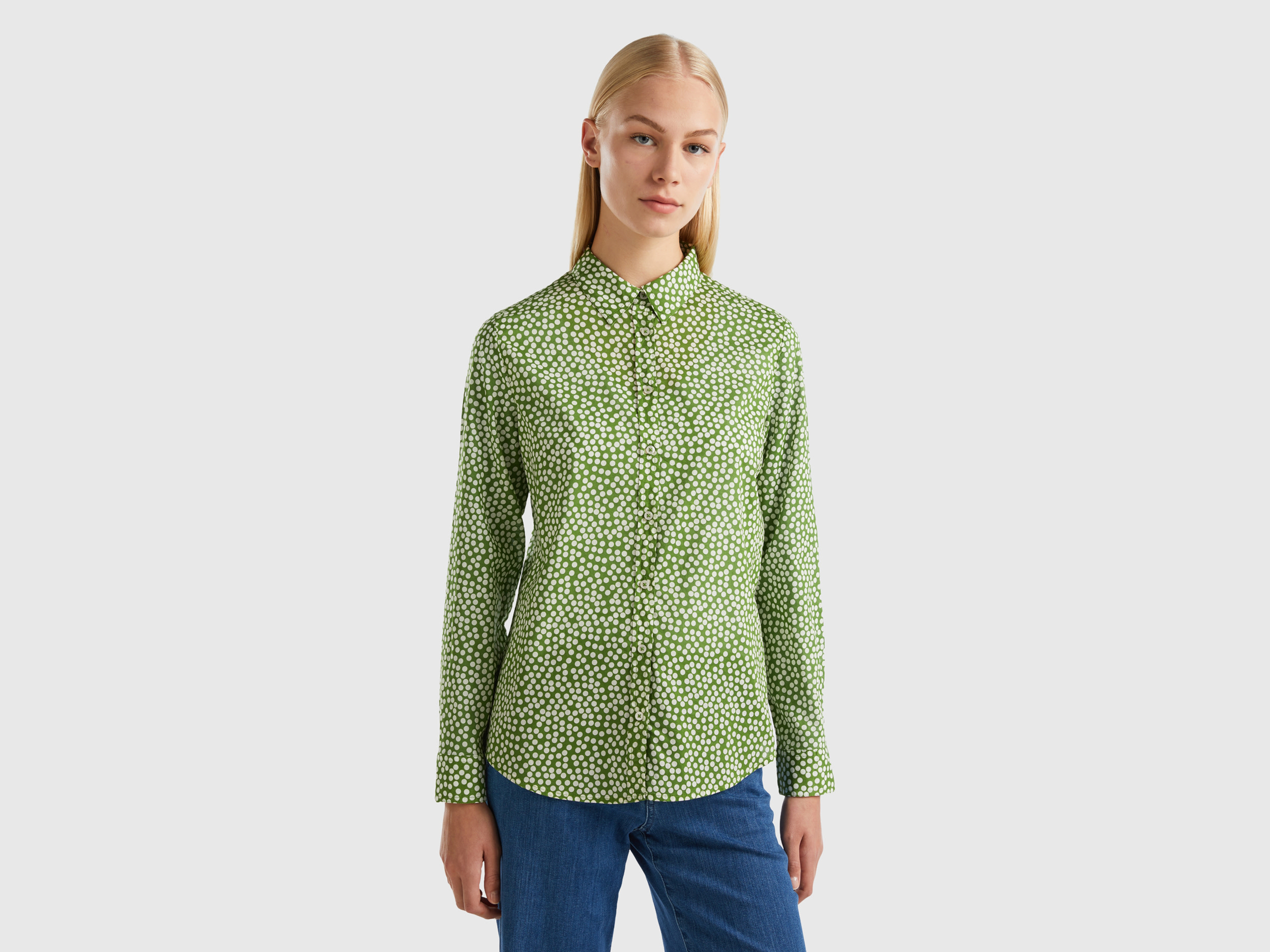 Benetton, Green Shirt With White Polka Dots, size L, Green, Women