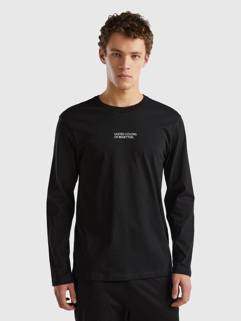 Benetton, Langarm-shirt Aus 100% Baumwolle, Schwarz, male