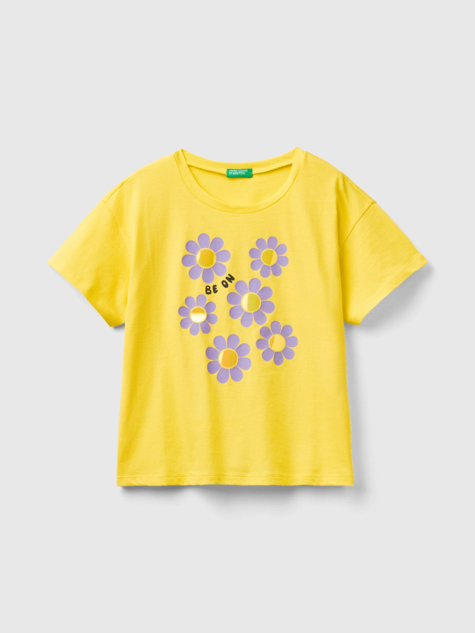 Benetton, Camiseta De Manga Corta Con Estampado, Amarillo, Niños