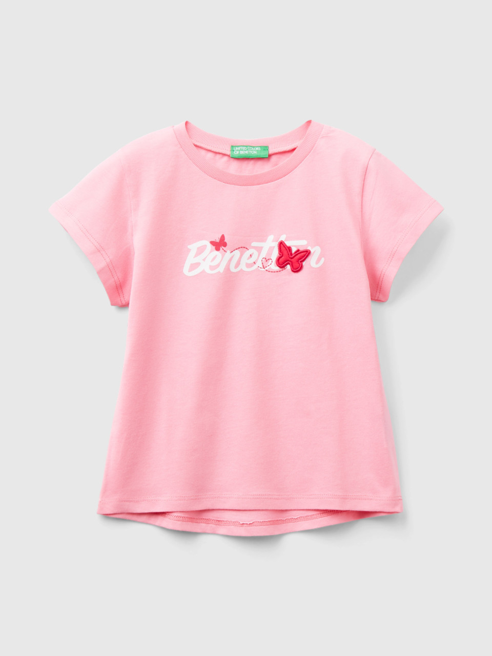 Benetton, T-shirt In Cotone Bio Con Stampa Logo, Rosa, Bambini