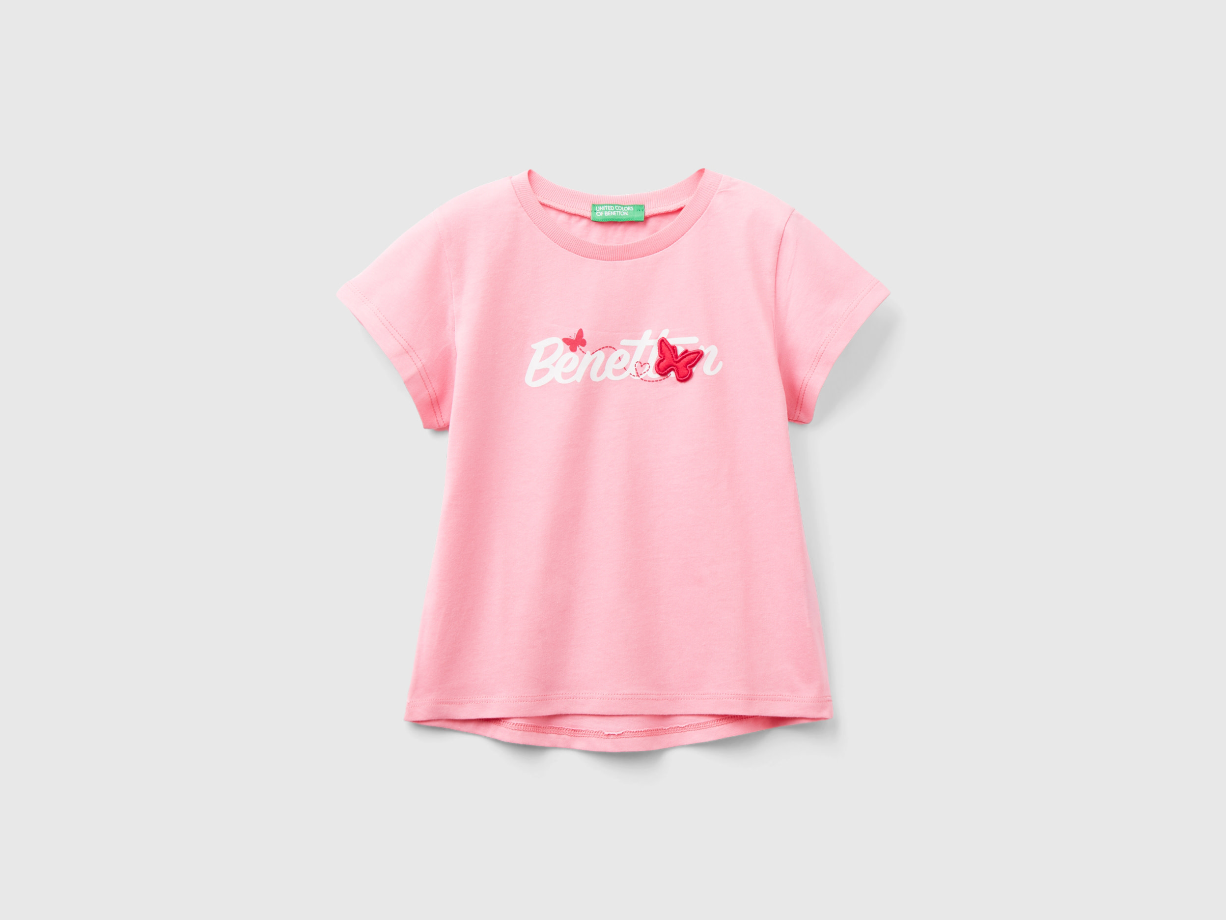Image of Benetton, T-shirt In Organic Cotton With Logo Print, size 98, Pink, Kids