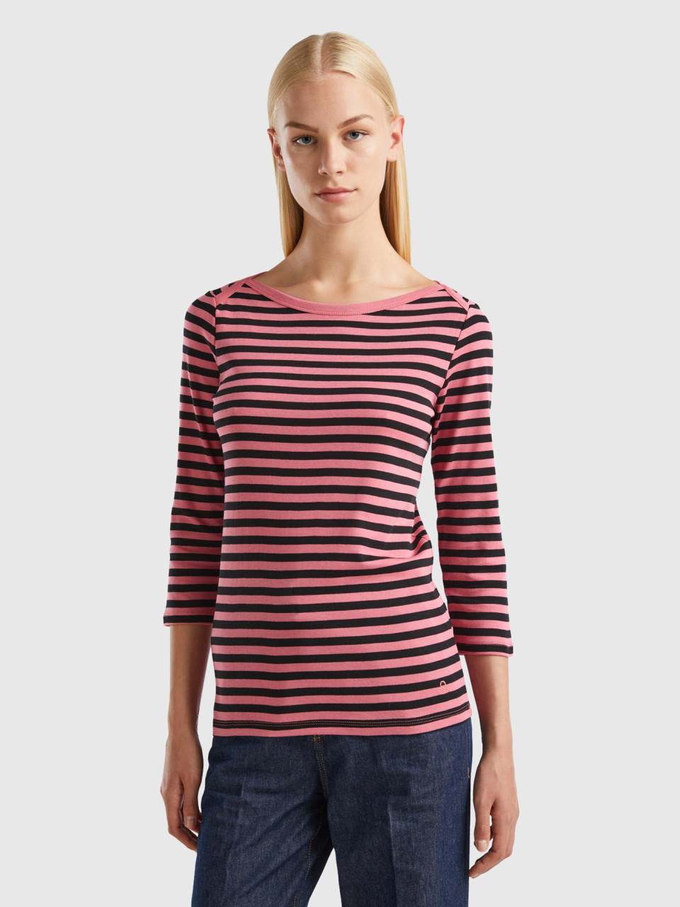 Benetton, Striped 3/4 Sleeve T-shirt In 100% Cotton, Pink, Women