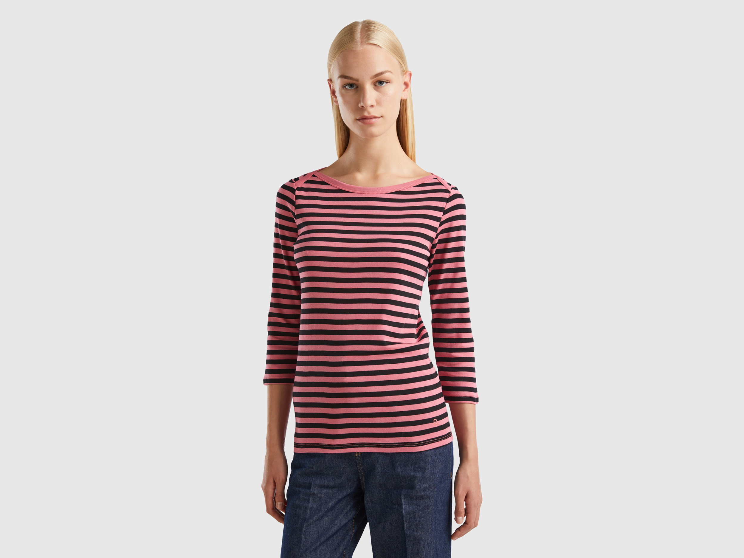 Benetton, Striped 3/4 Sleeve T-shirt In 100% Cotton, size S, Pink, Women