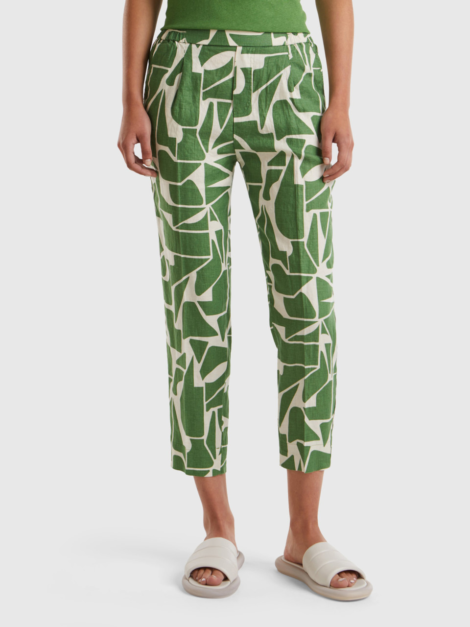 Benetton, Printed Linen Trousers, Military Green, Women