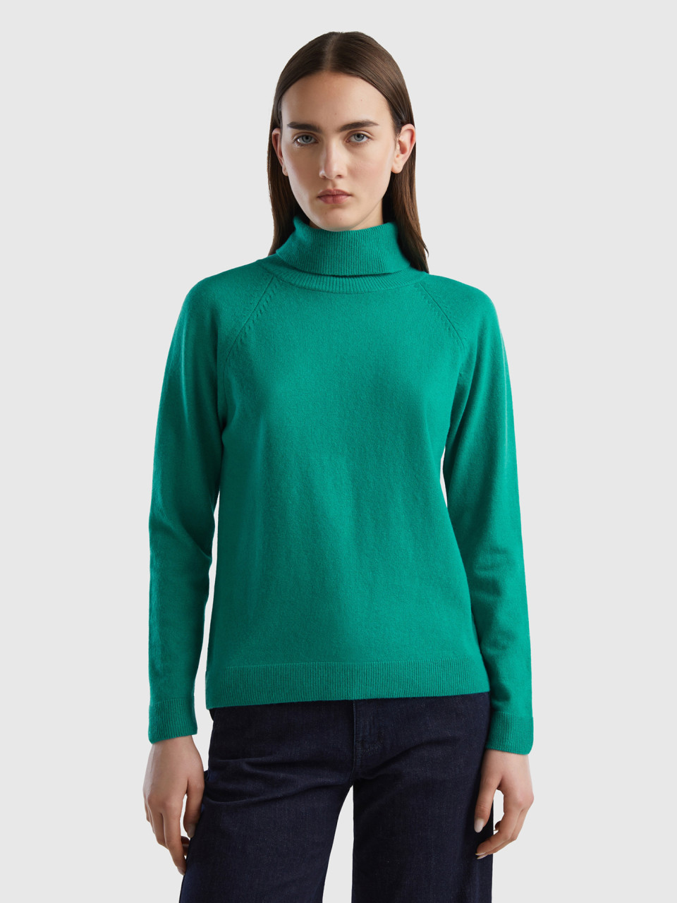 Benetton, Aqua Green Turtleneck Sweater In Cashmere And Wool Blend, Aqua, Women