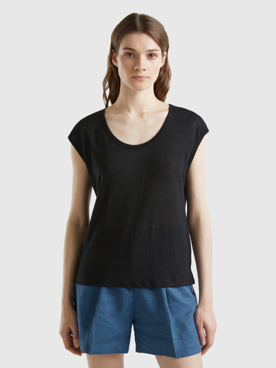 Benetton, Wide Neck T-shirt In Pure Linen, Black, Women