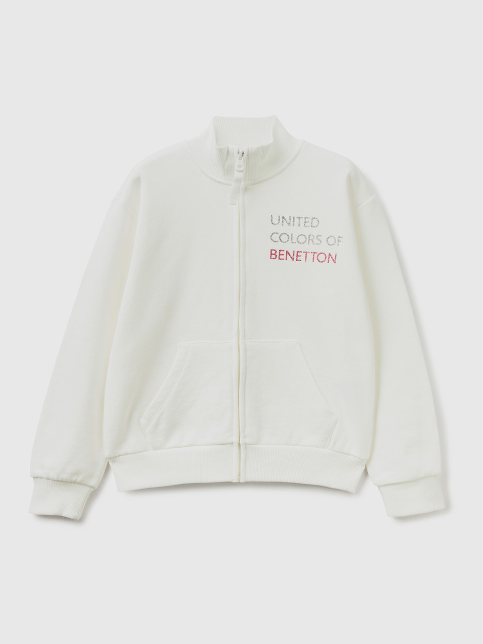 Benetton, Sweatshirt With Zip And Collar, Creamy White, Kids