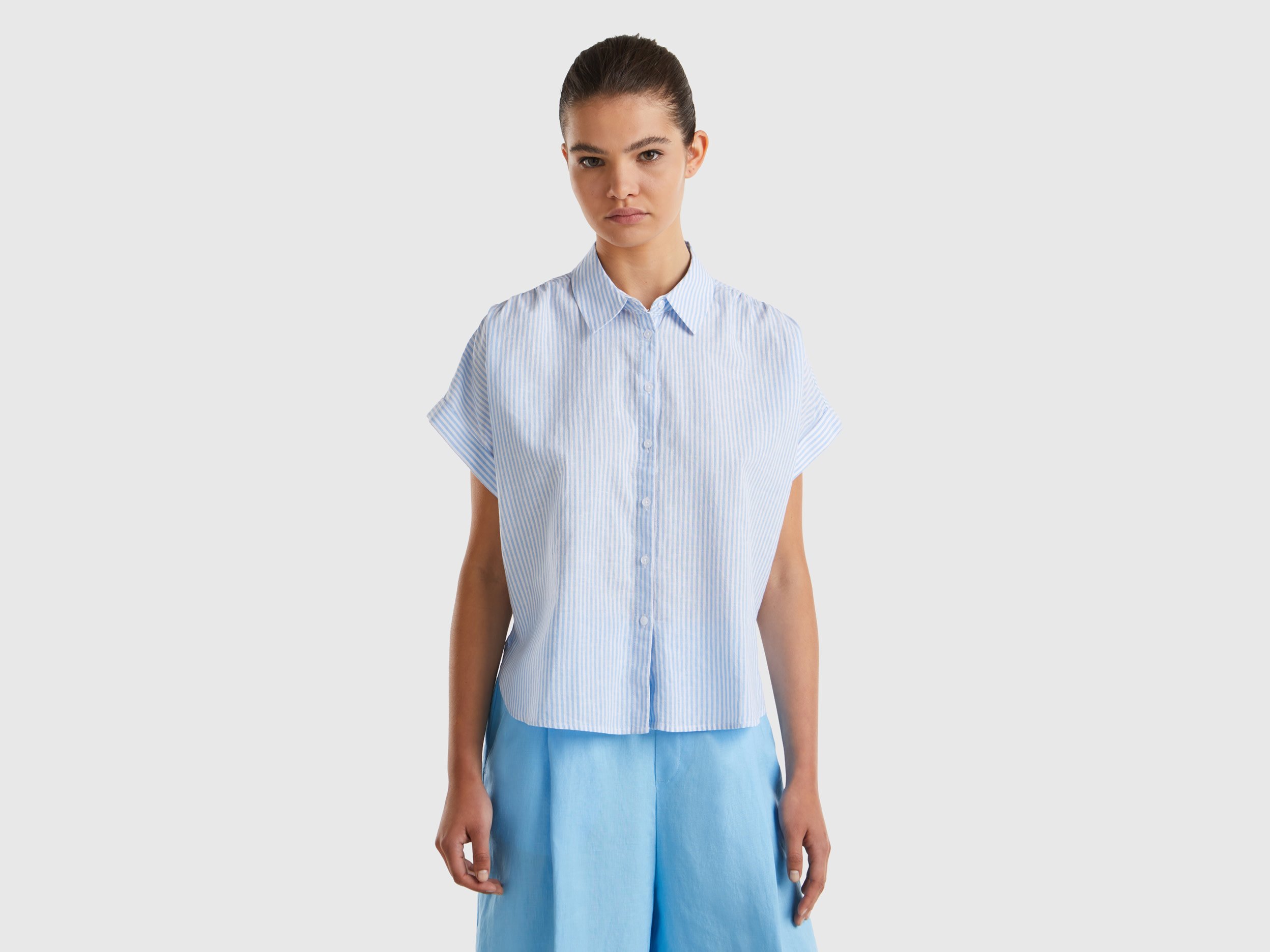 Benetton, Camicia A Righe Comfort Fit, Azzurro, Donna