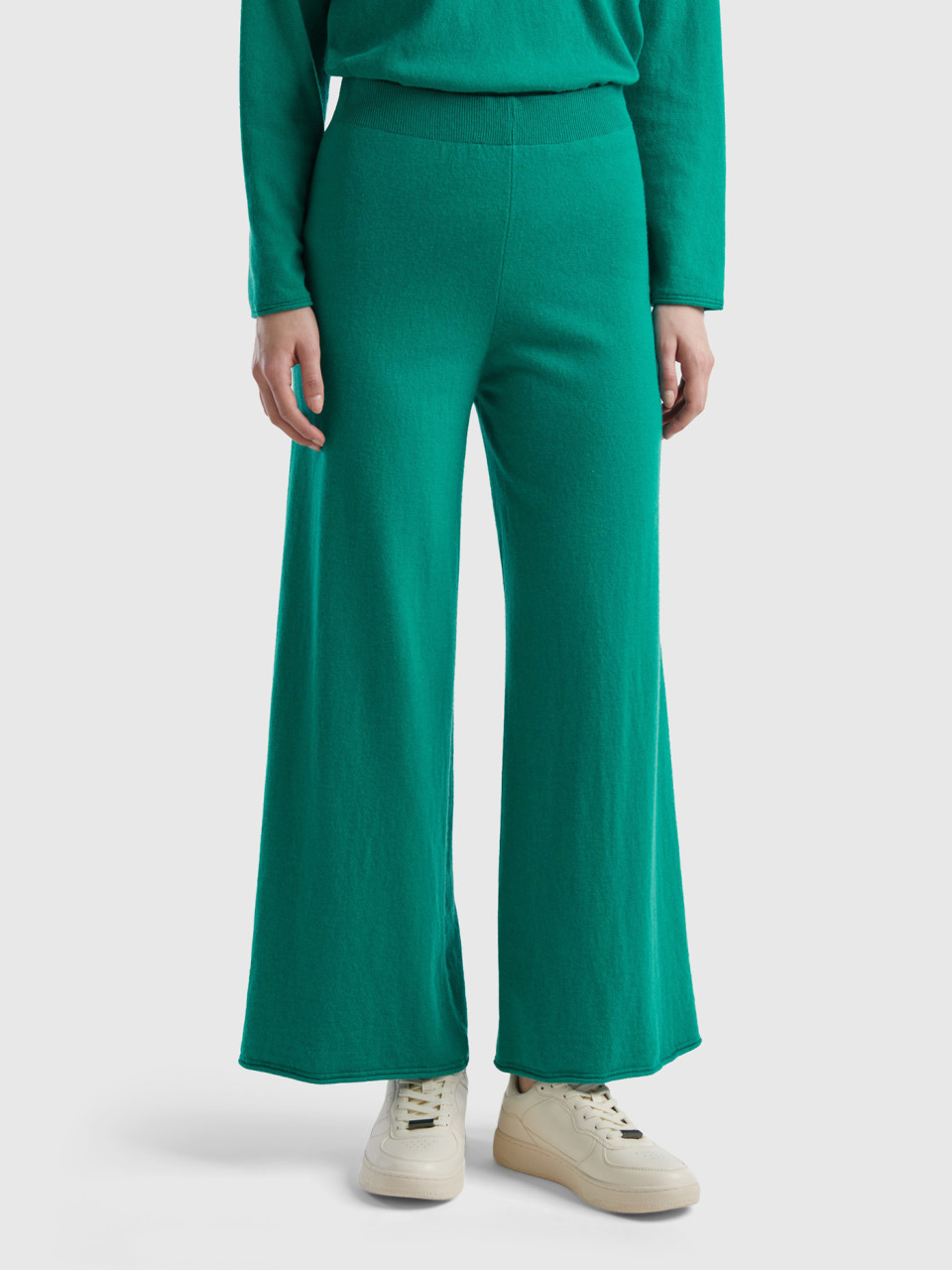 Benetton, Wide Water Green Trousers In Wool And Cashmere Blend, Green, Women