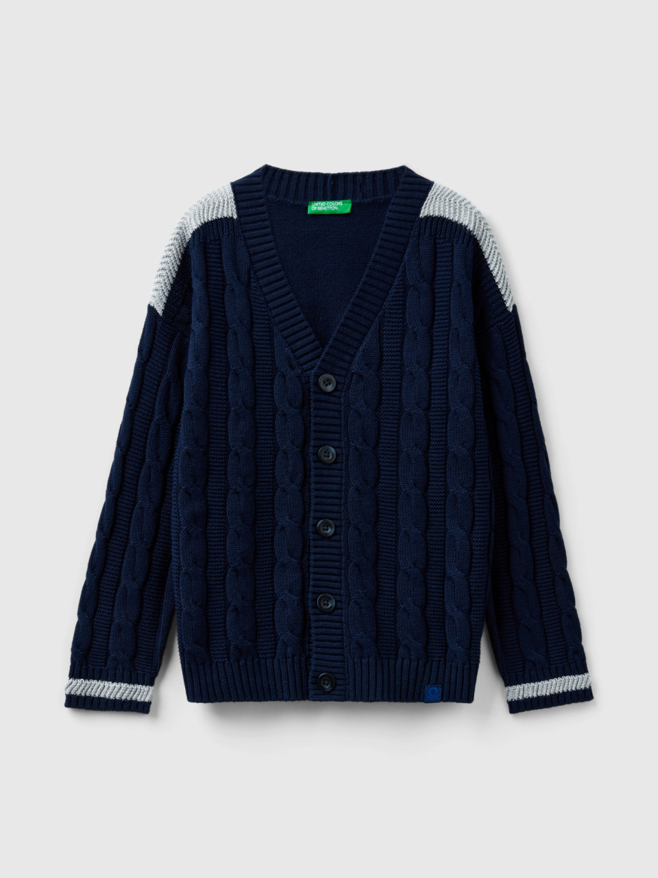 Benetton, Cardigan With Cables In Tricot Cotton, Dark Blue, Kids