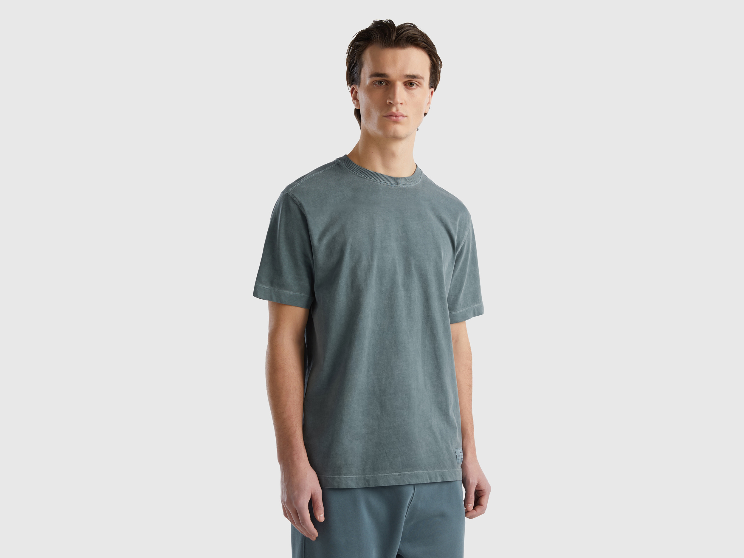 Benetton, 100% Organic Cotton Crew Neck T-shirt, size L, Dark Gray, Men