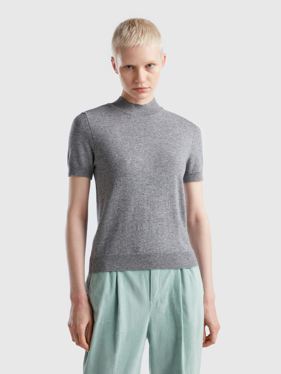 Benetton, Light Gray Short Sleeve Sweater In Cashmere Blend, Light Gray, Women