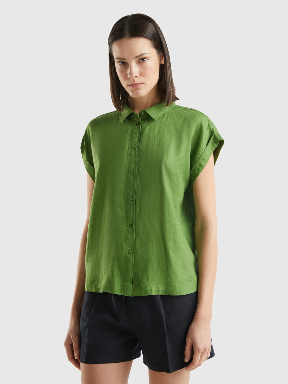 Benetton, Boxy Fit Shirt In Pure Linen, Military Green, Women