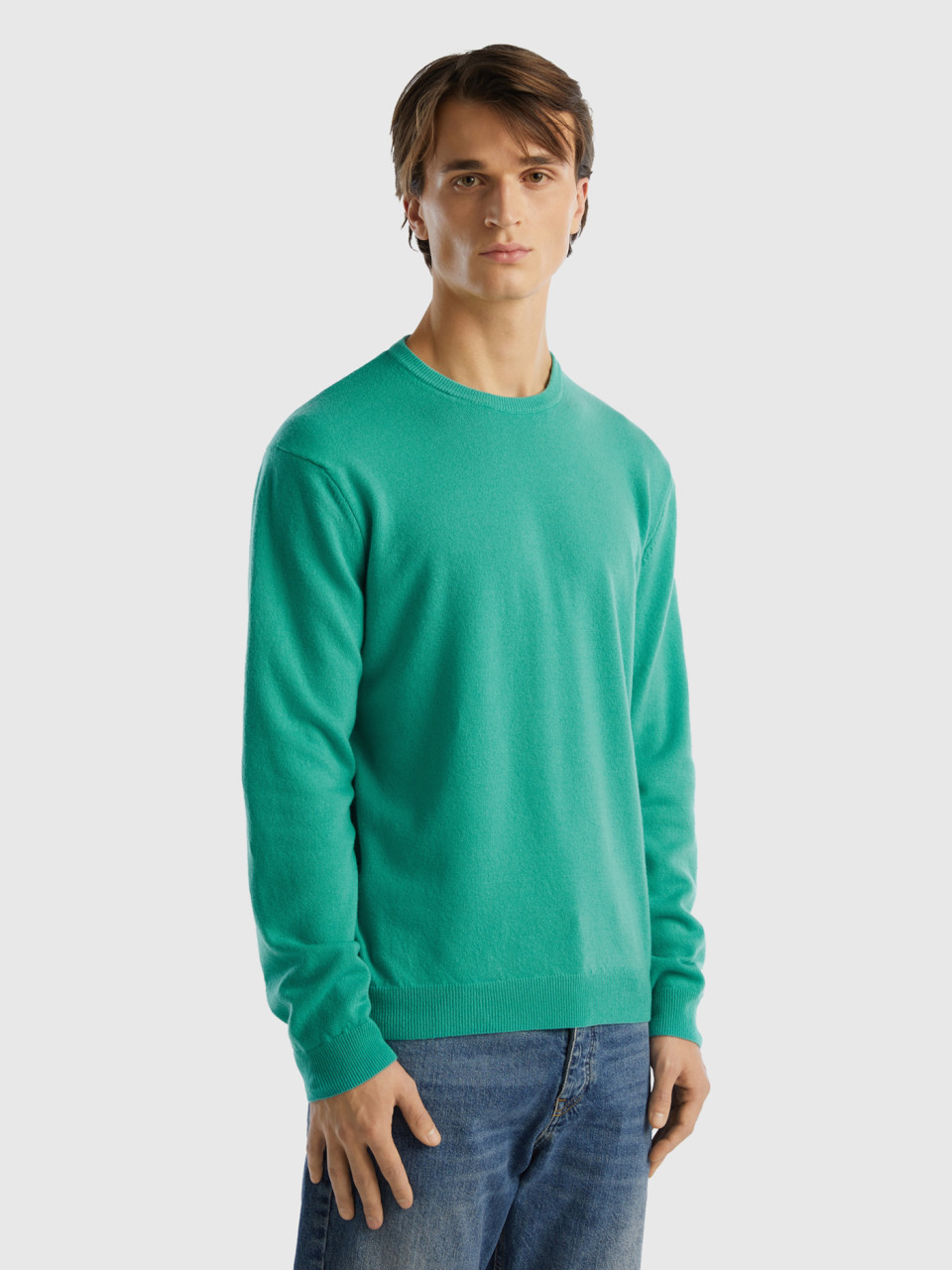 Benetton, Light Green Crew Neck Sweater In Pure Merino Wool, Light Green, Men