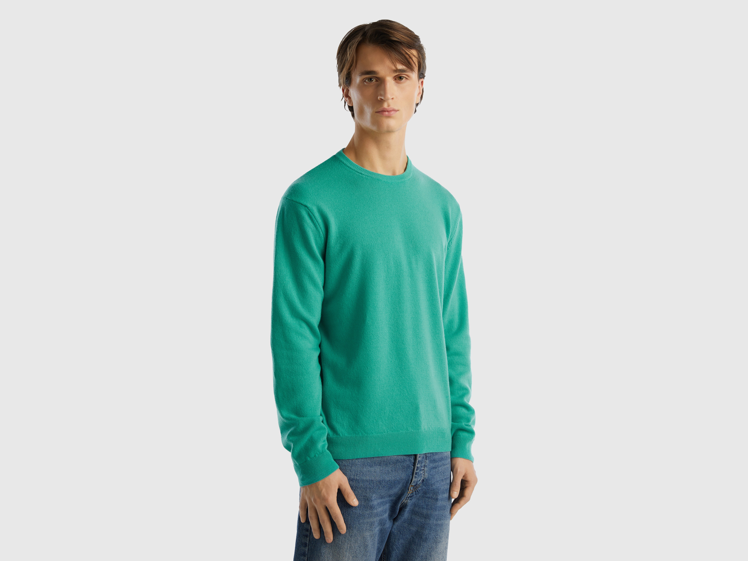 Benetton, Light Green Crew Neck Sweater In Pure Merino Wool, size L, Light Green, Men
