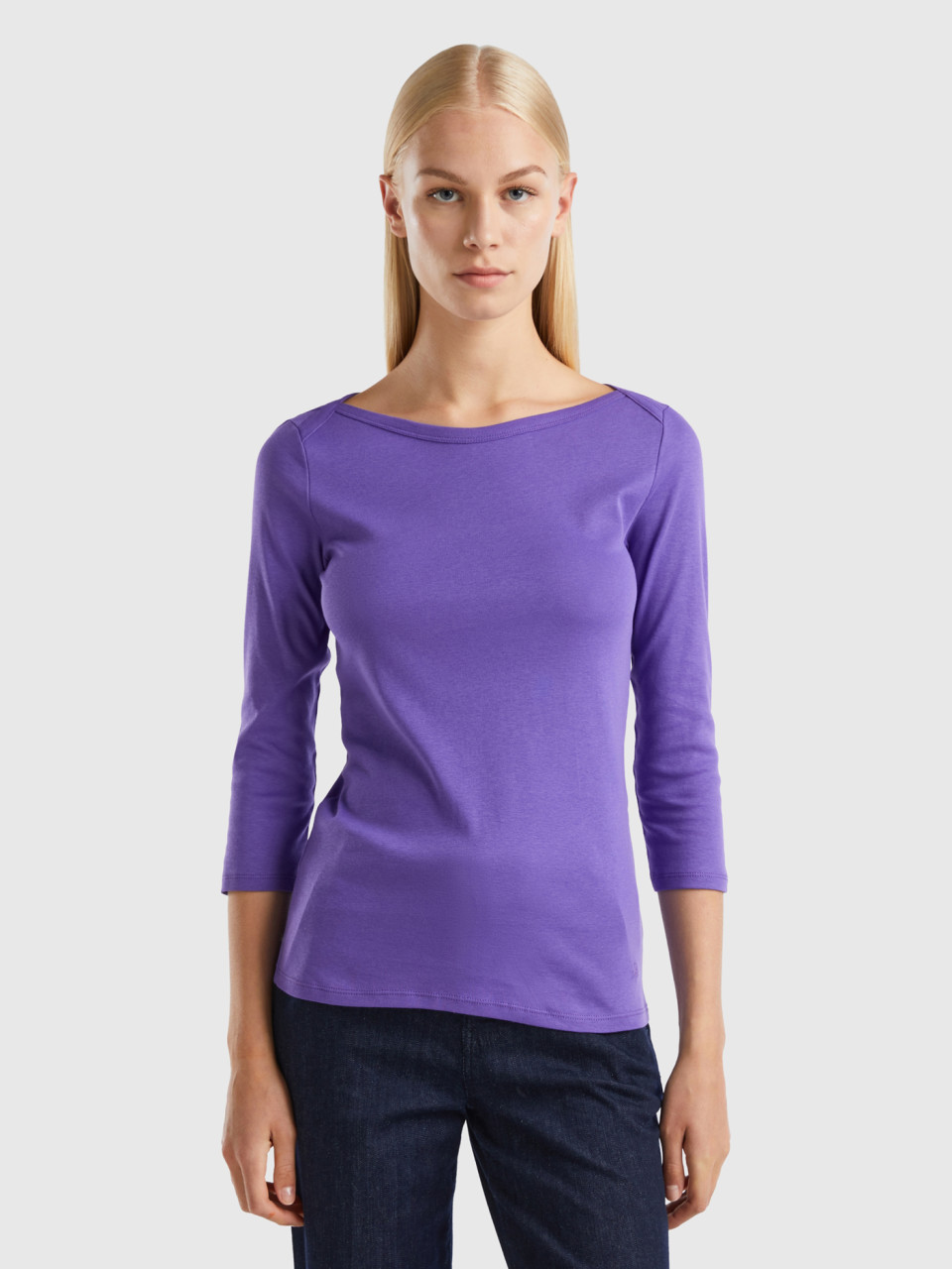 Benetton, T-shirt Mit U-bootausschnitt Aus 100% Baumwolle, Purpur, female
