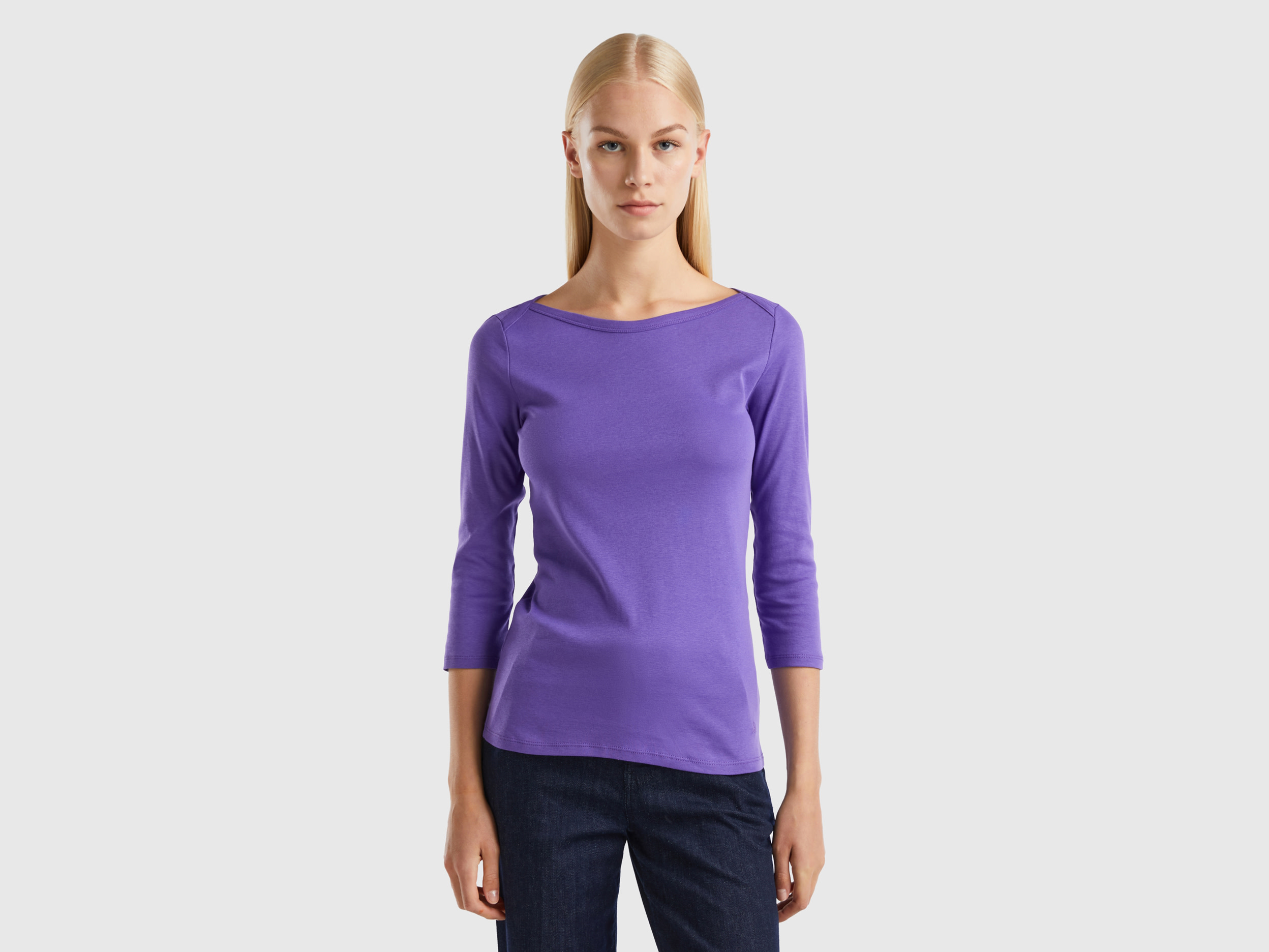 Benetton, T-shirt With Boat Neck In 100% Cotton, size S, Violet, Women